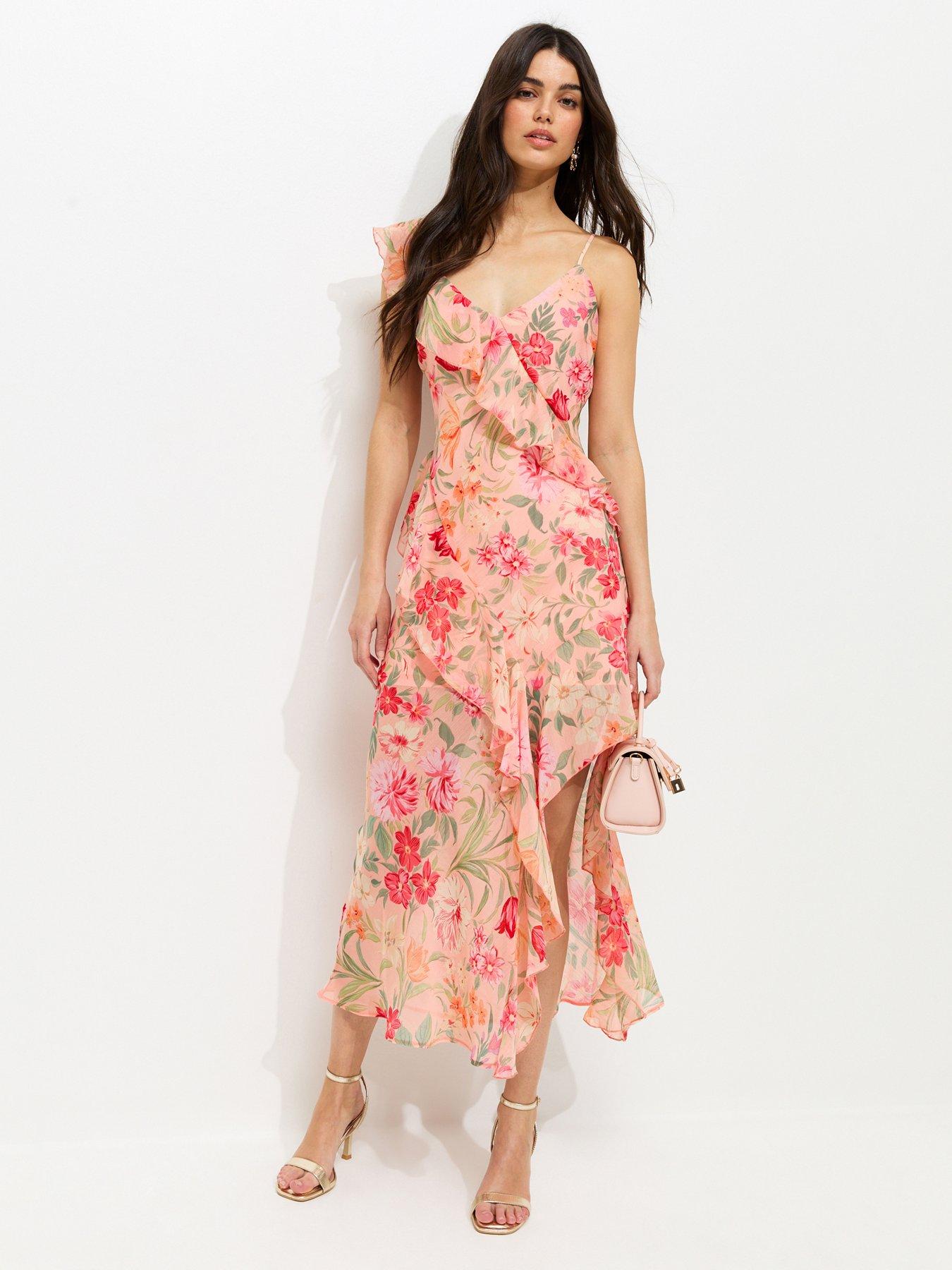 New Look Floral Chiffon Ruffled Midi Dress - Orange