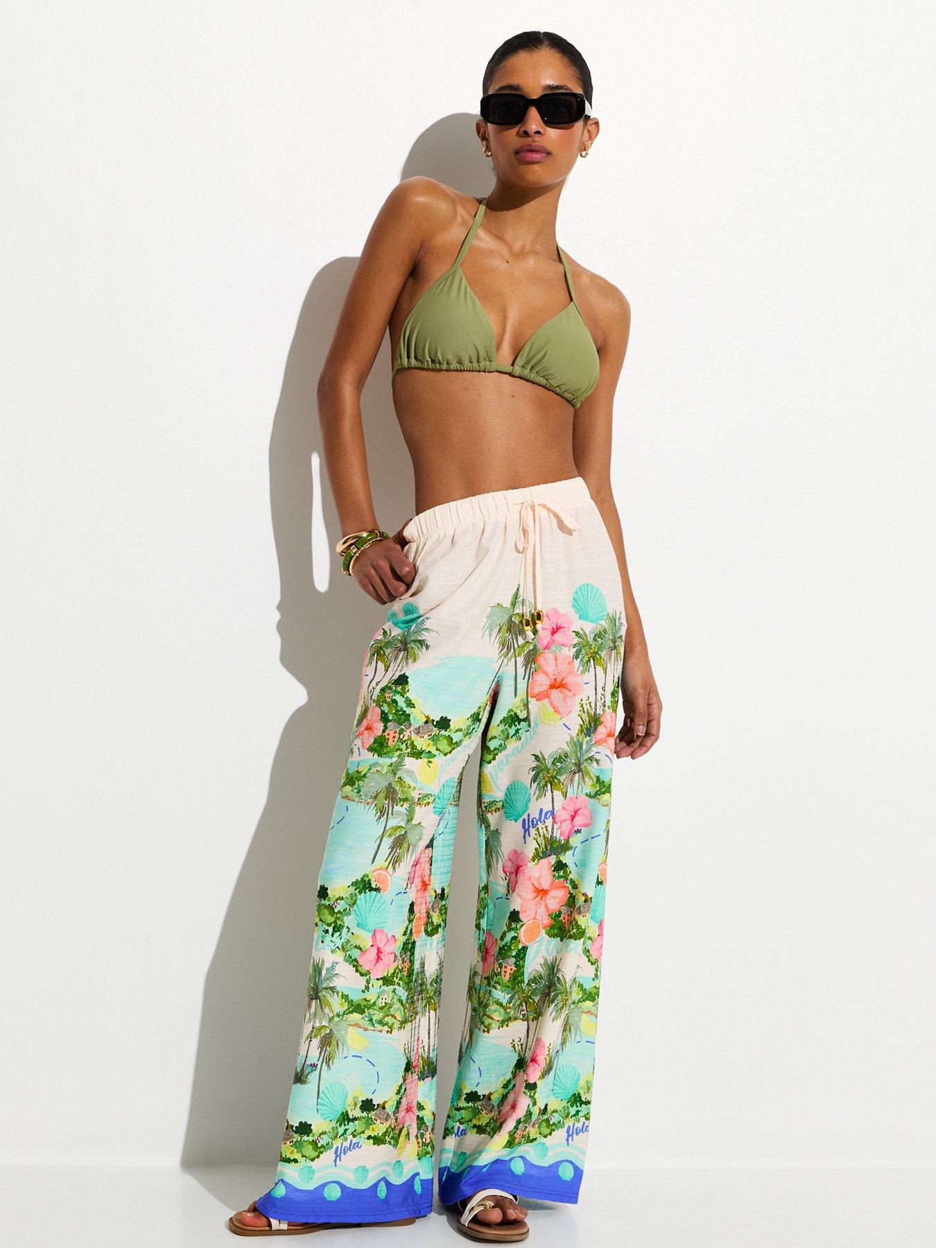 Image 1 of 5 of New Look Tropical Print Wide Leg Trousers - White