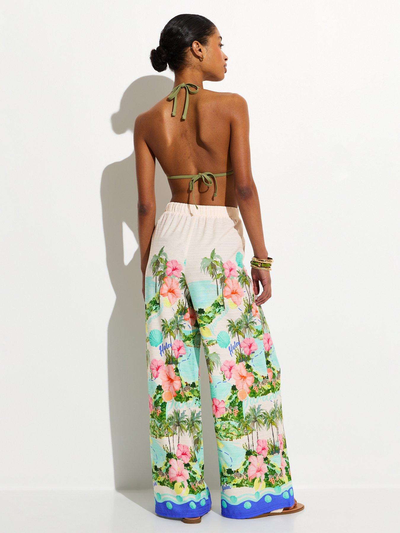 Image 2 of 5 of New Look Tropical Print Wide Leg Trousers - White