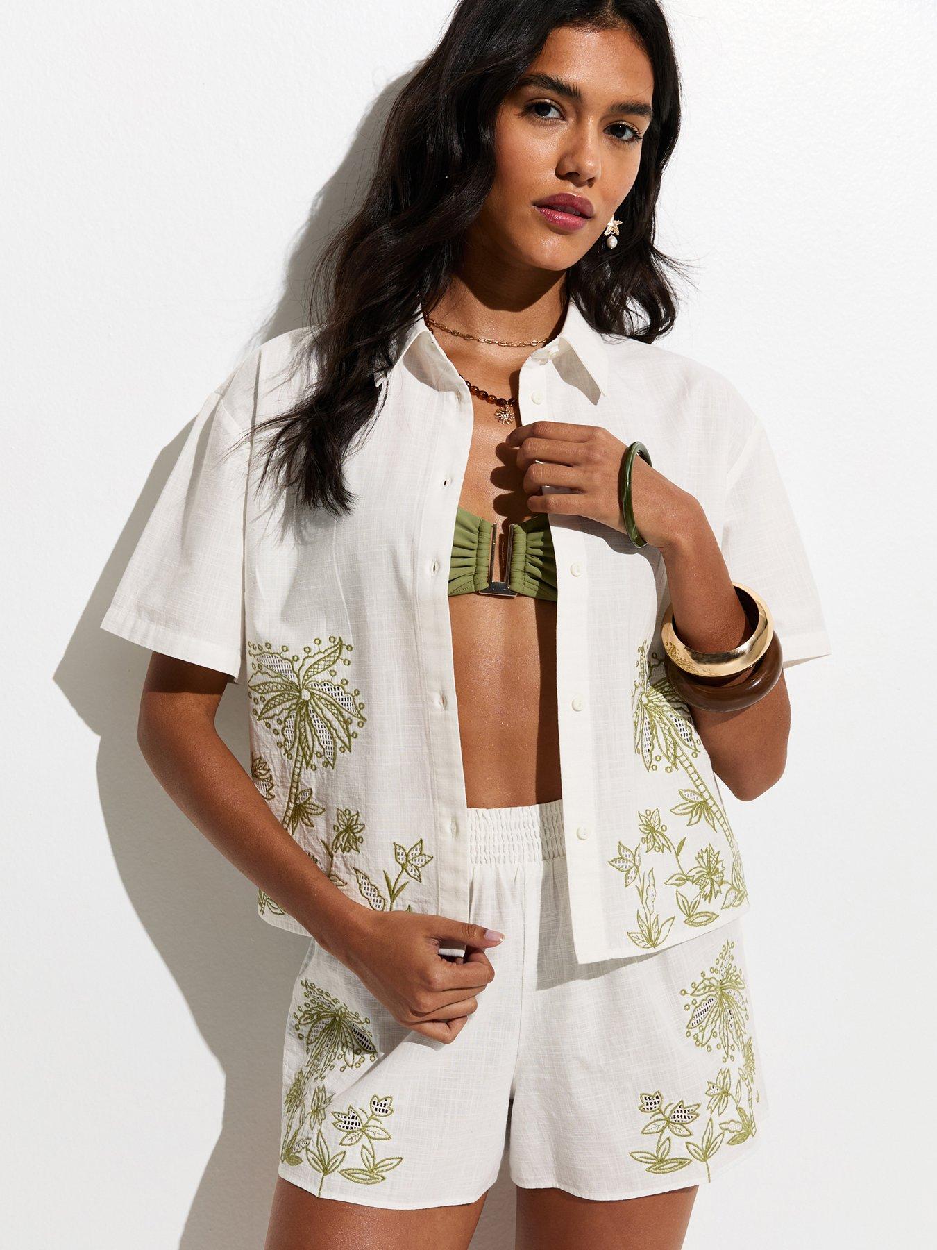 New Look White Woven Palm Embroidered Cotton Co-ord Beach Shirt