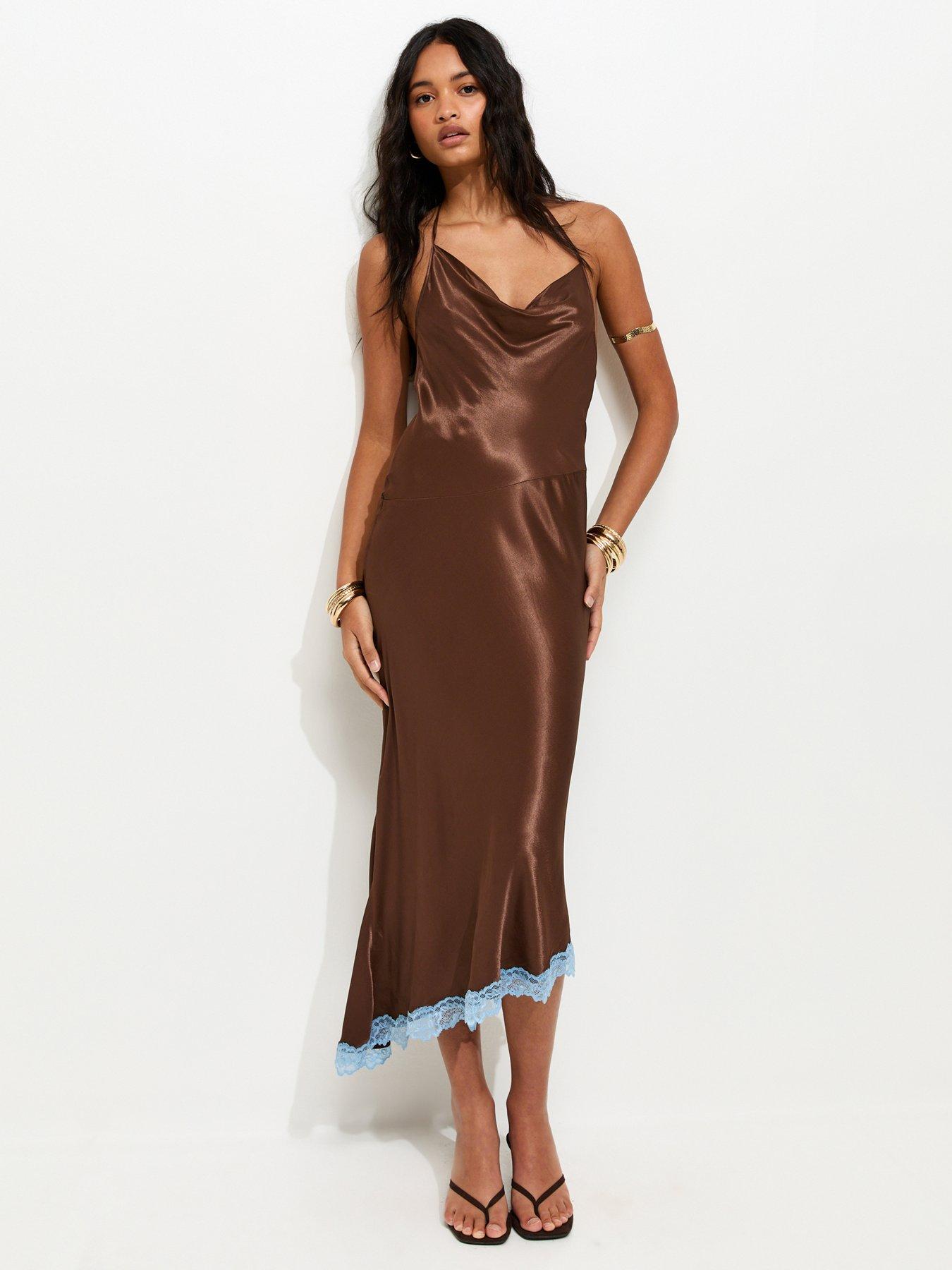 New Look Halterneck Lace Trim Asymmetric Midi Dress - Dark Brown
