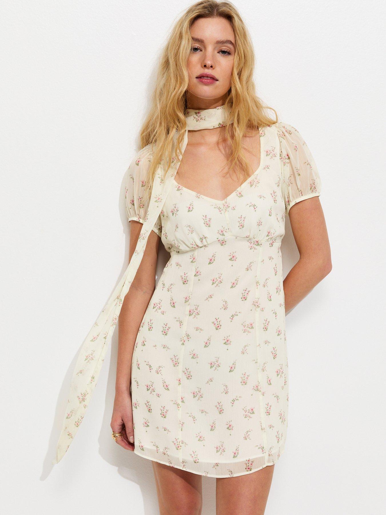 New Look Cream Chiffon Floral Mini Dress With Scarf
