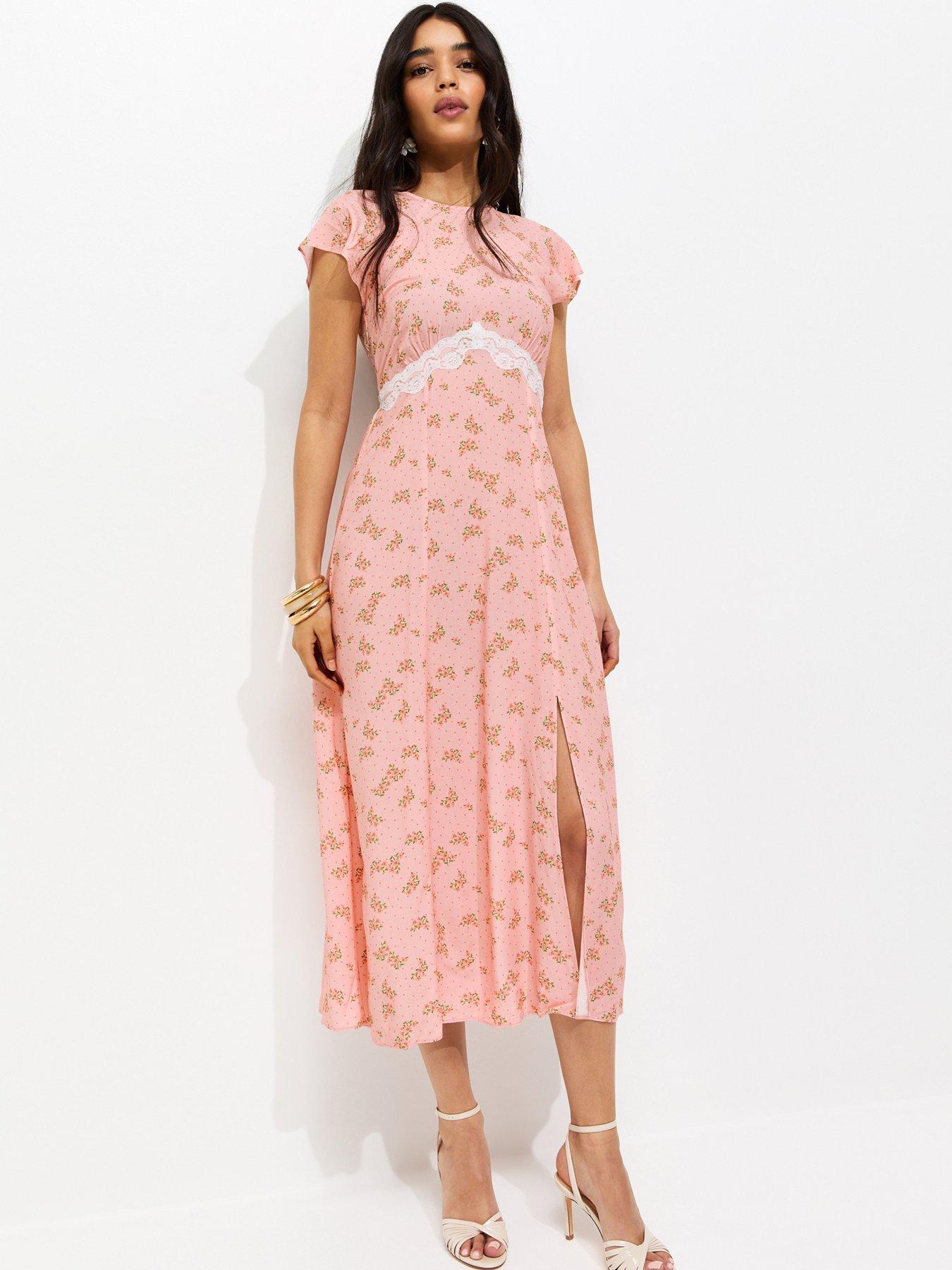 New Look Pink Floral Lace Waist Midi Dress