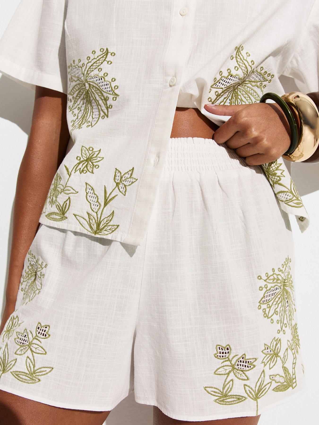 Image 1 of 5 of New Look Palm Embroidered Cotton Co-ord Beach Shorts - White