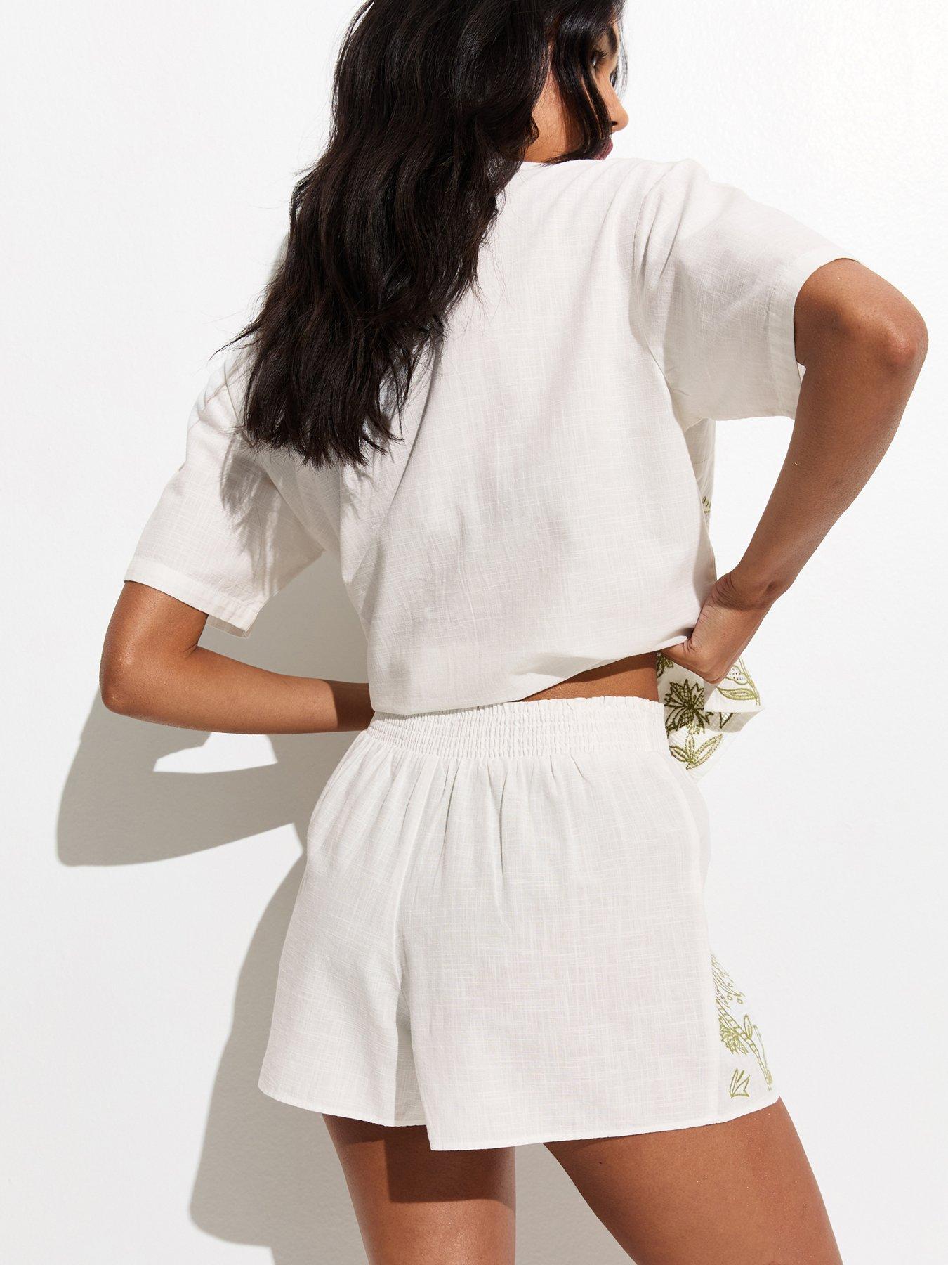 Image 2 of 5 of New Look Palm Embroidered Cotton Co-ord Beach Shorts - White