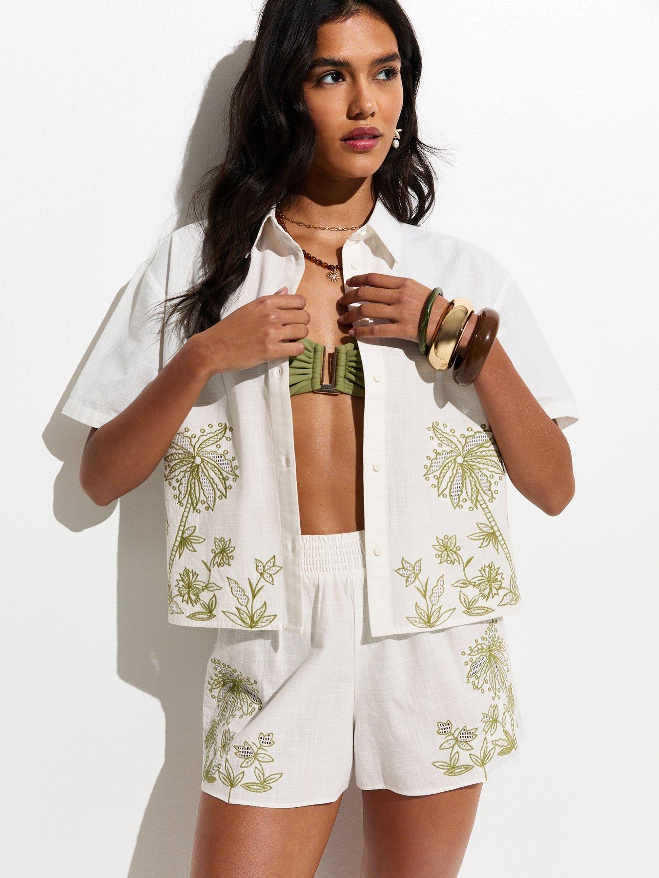 Image 3 of 5 of New Look Palm Embroidered Cotton Co-ord Beach Shorts - White