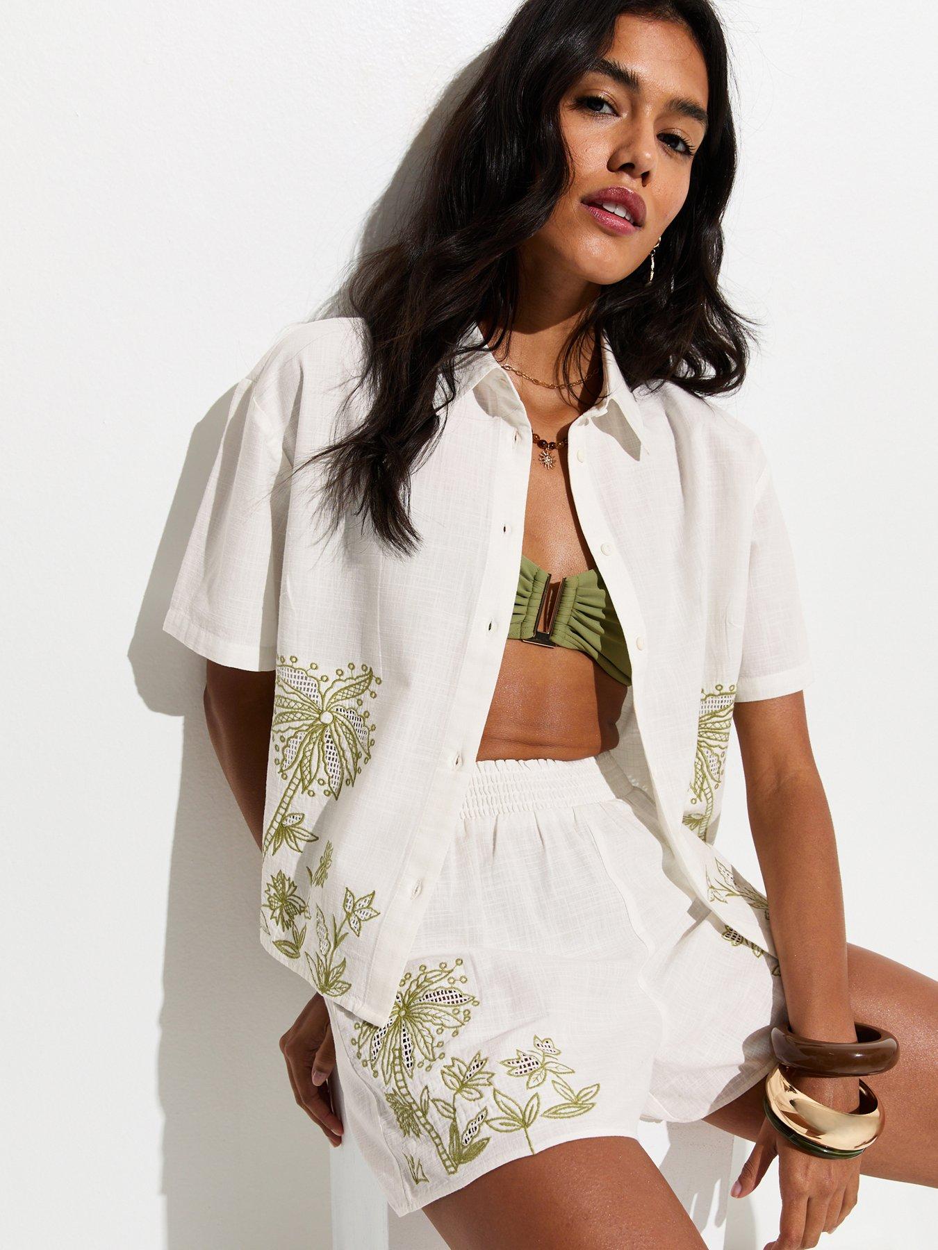 Image 4 of 5 of New Look Palm Embroidered Cotton Co-ord Beach Shorts - White