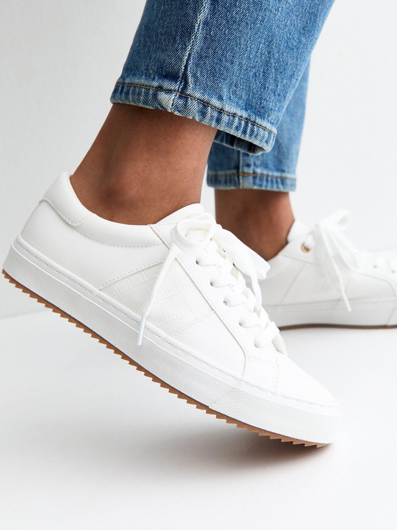 Image 1 of 4 of New Look Faux Leather Croc Embossed Trainers - White