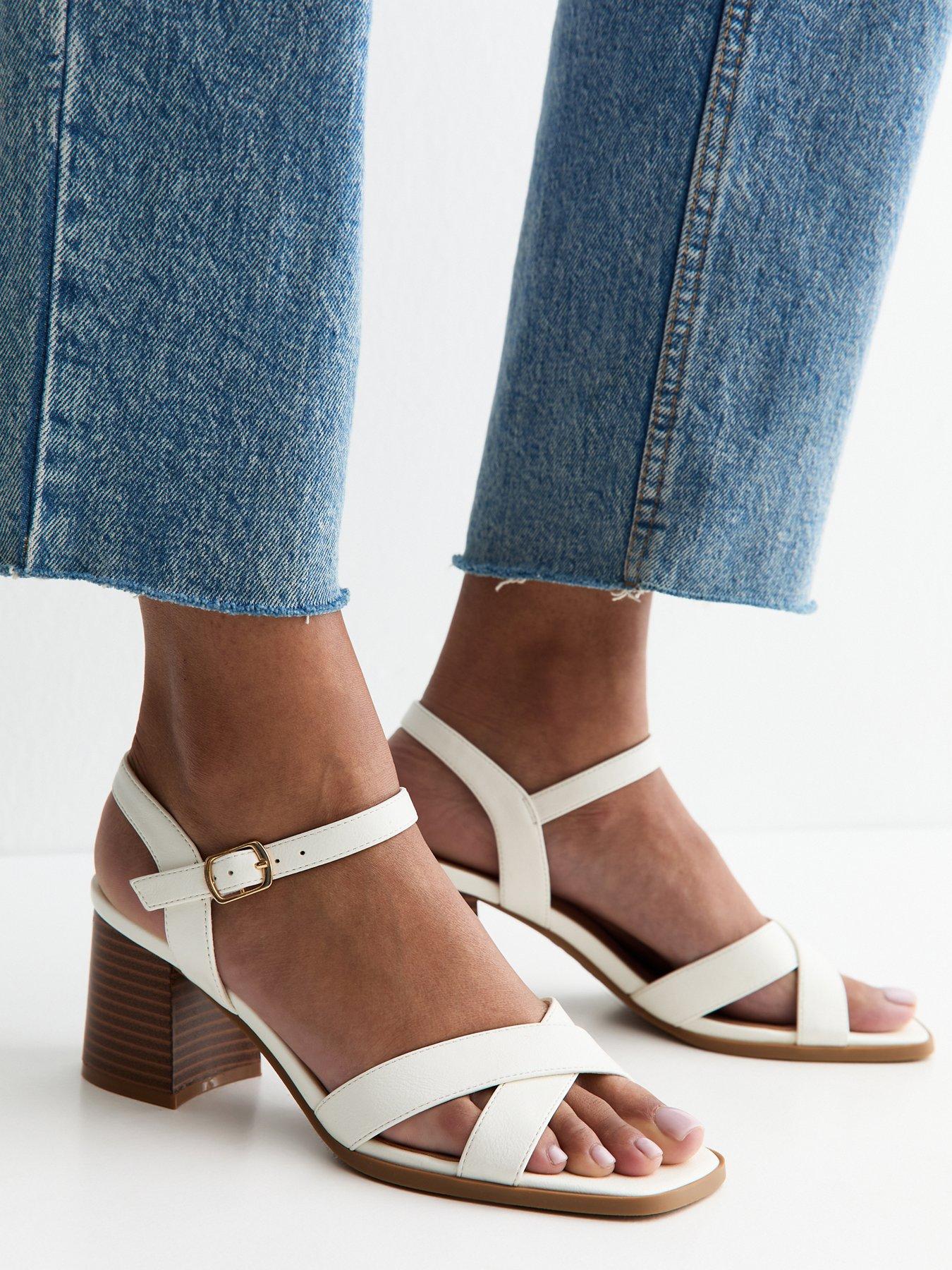 Image 1 of 5 of New Look Faux Leather Block Heel Sandals - White