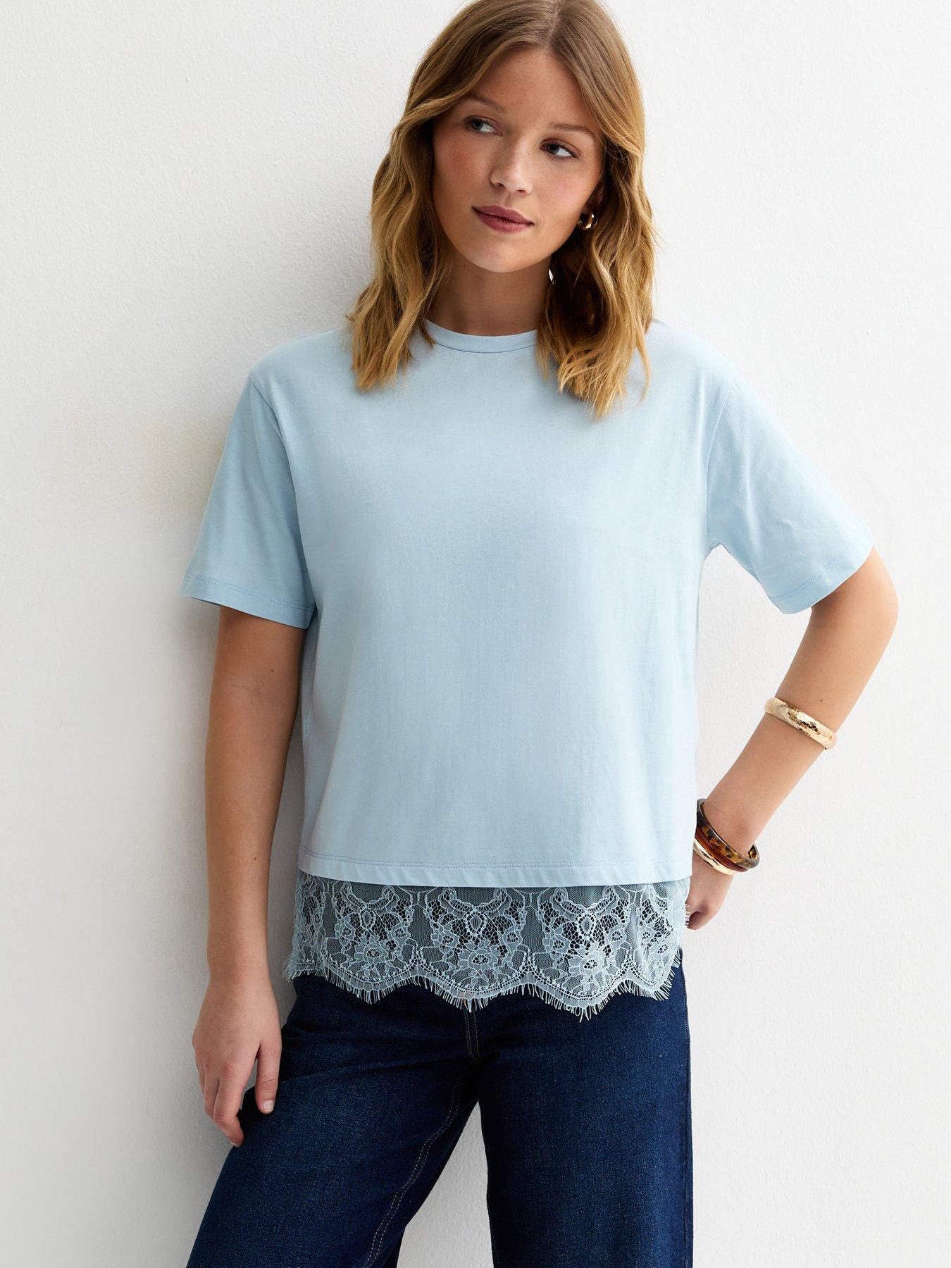 New Look Light Blue Lace Hem Boxy T-shirt