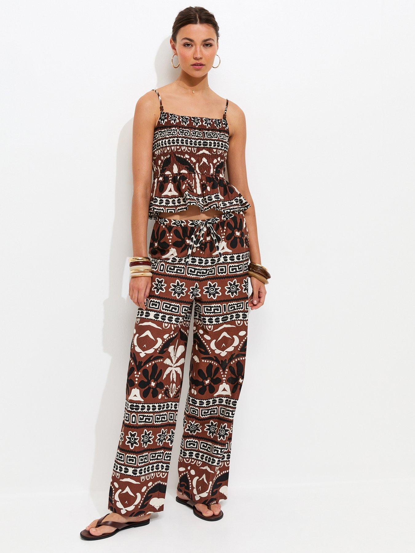New Look Palm Tree Print Wide Leg Trousers - Brown