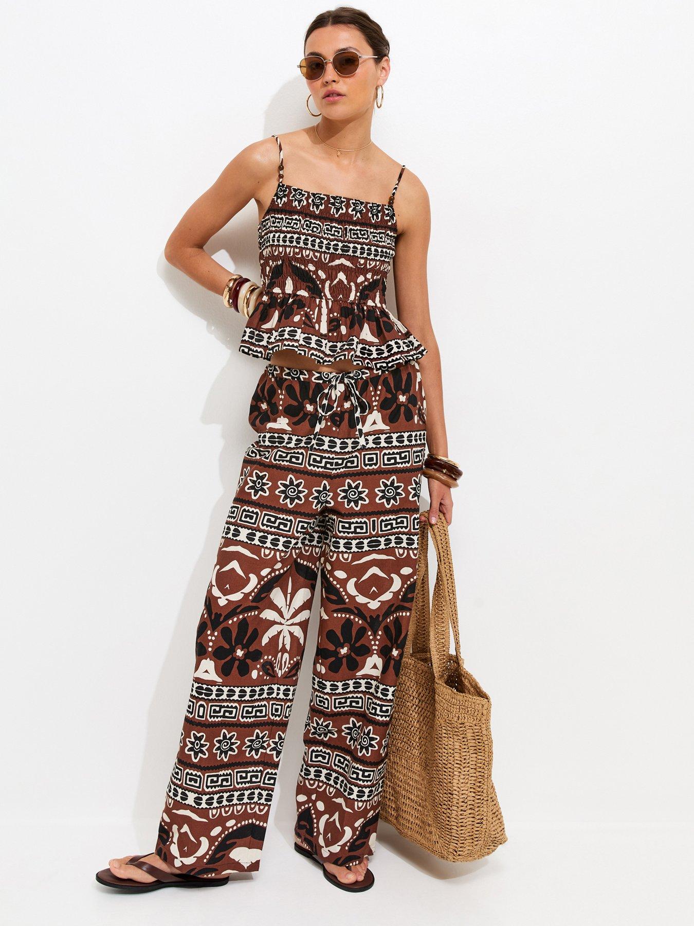 Image 3 of 6 of New Look Brown Palm Tree Print Wide Leg Trousers