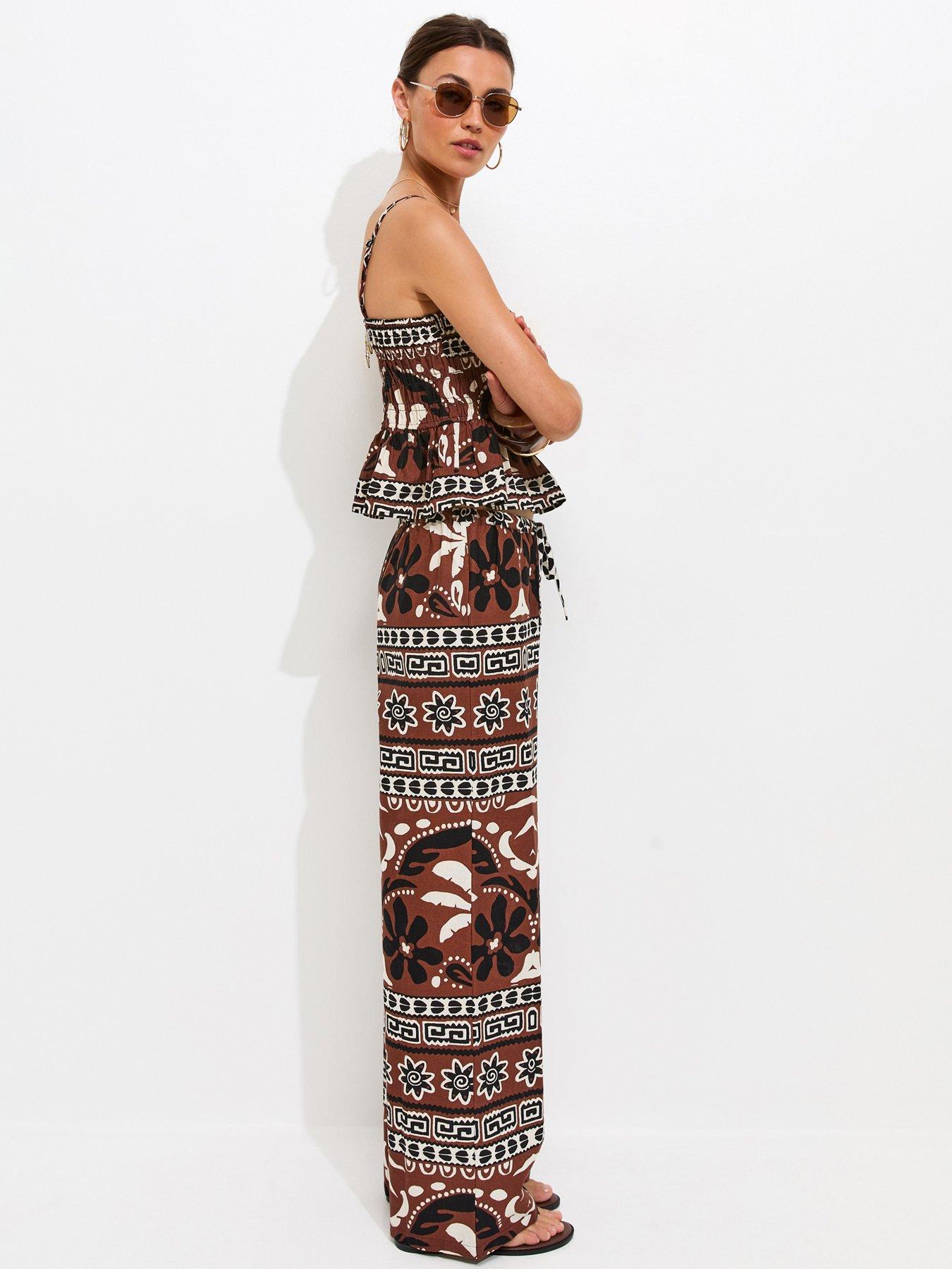 Image 4 of 6 of New Look Brown Palm Tree Print Wide Leg Trousers
