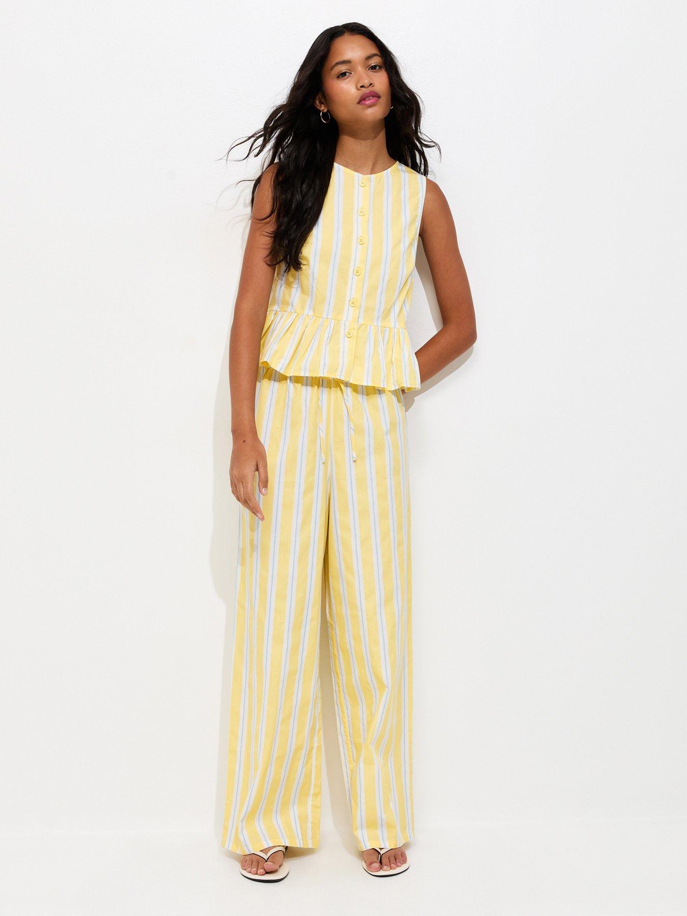 New Look Striped Poplin Wide Leg Trousers - Yellow