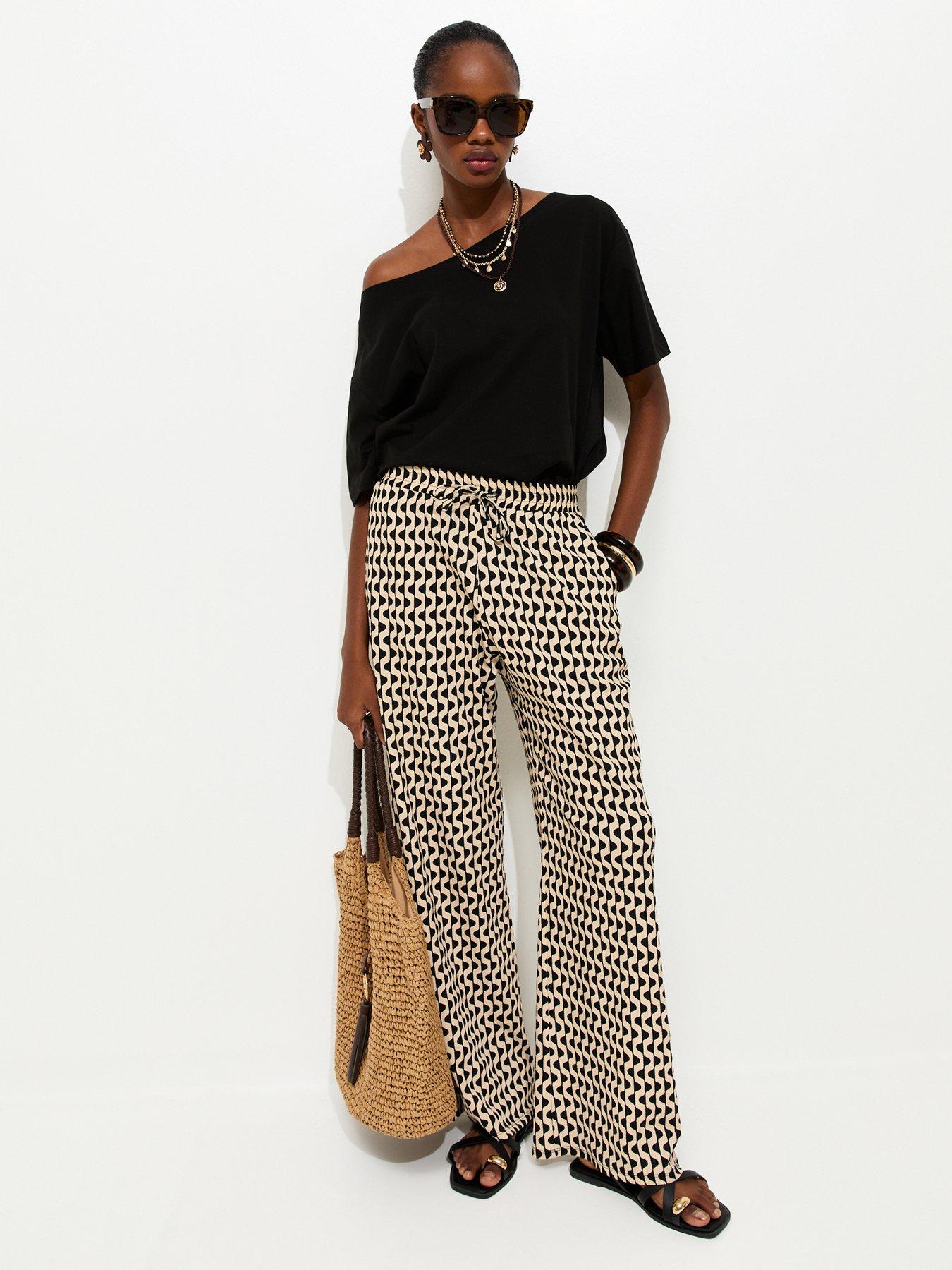 New Look Geometric Crinkle Wide Leg Trousers - Black