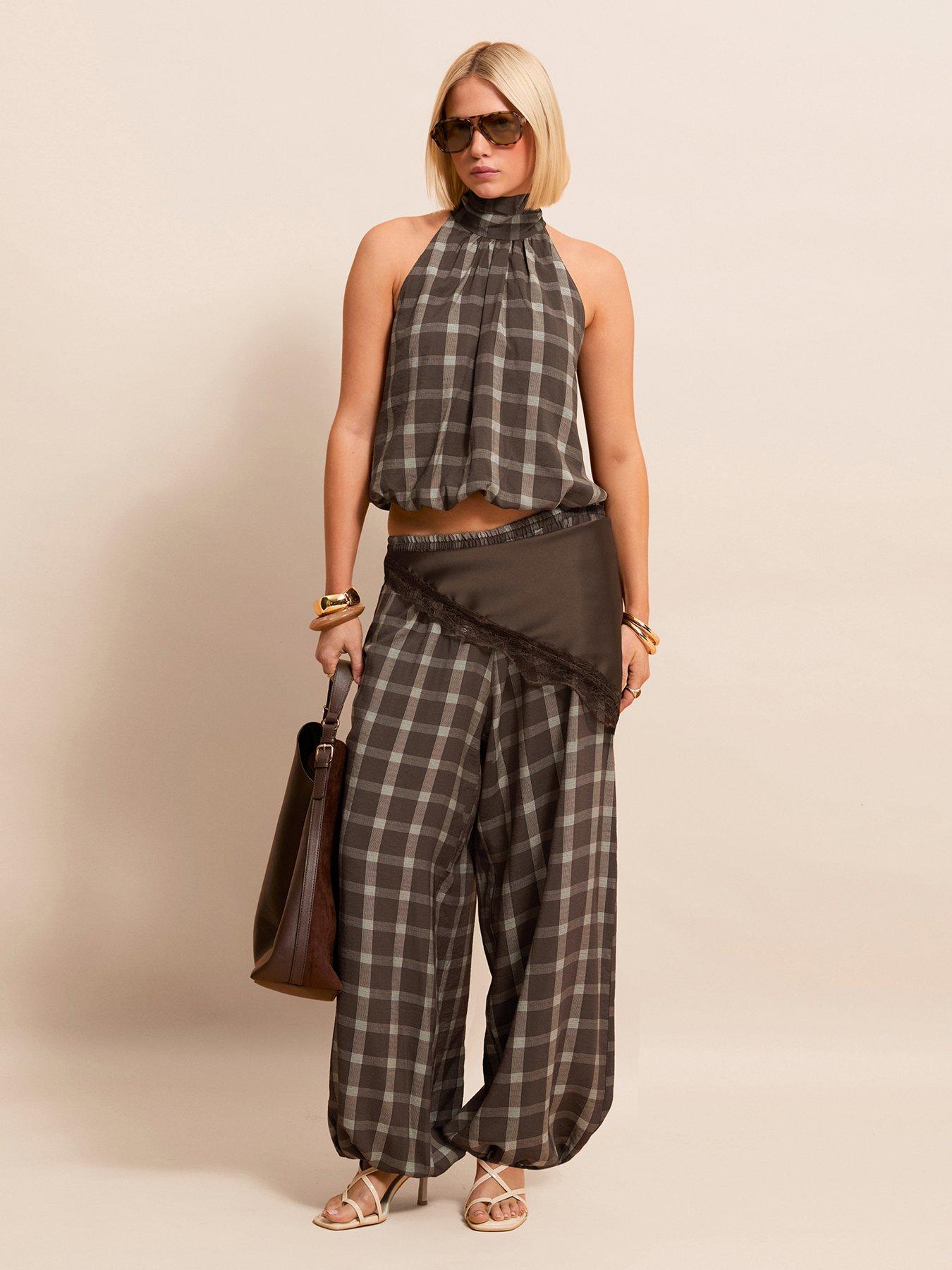 Image 1 of 6 of New Look Check Cuffed Leg Trousers - Brown