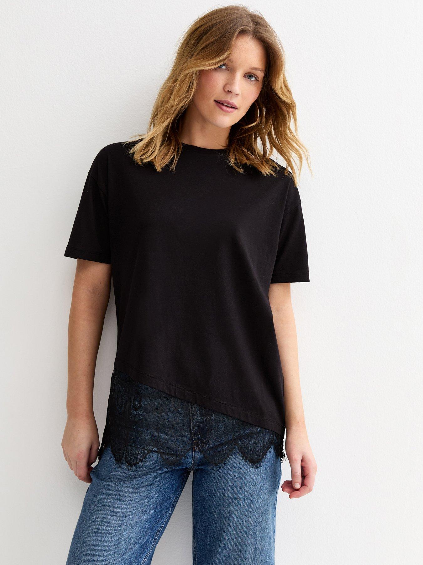 New Look Black Cotton Scalloped Lace T-shirt