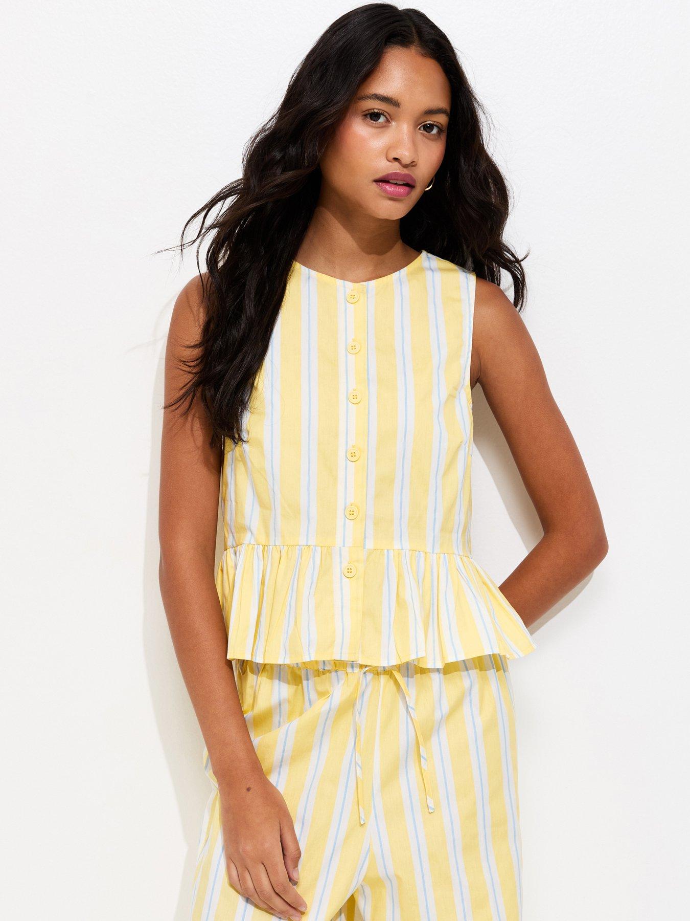 Image 1 of 5 of New Look Light Yellow Striped Peplum Hem Button Front Top