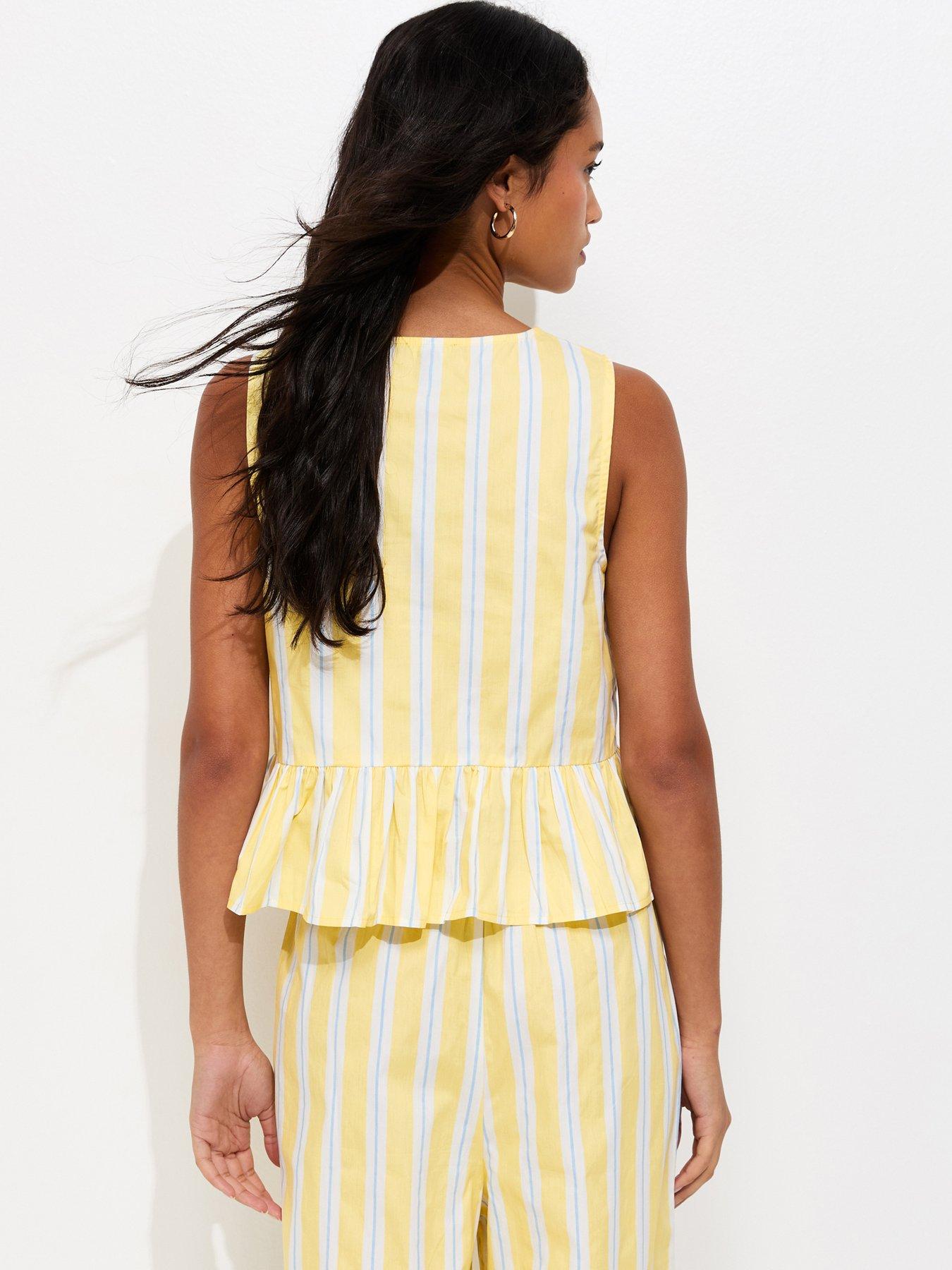 Image 2 of 5 of New Look Light Yellow Striped Peplum Hem Button Front Top