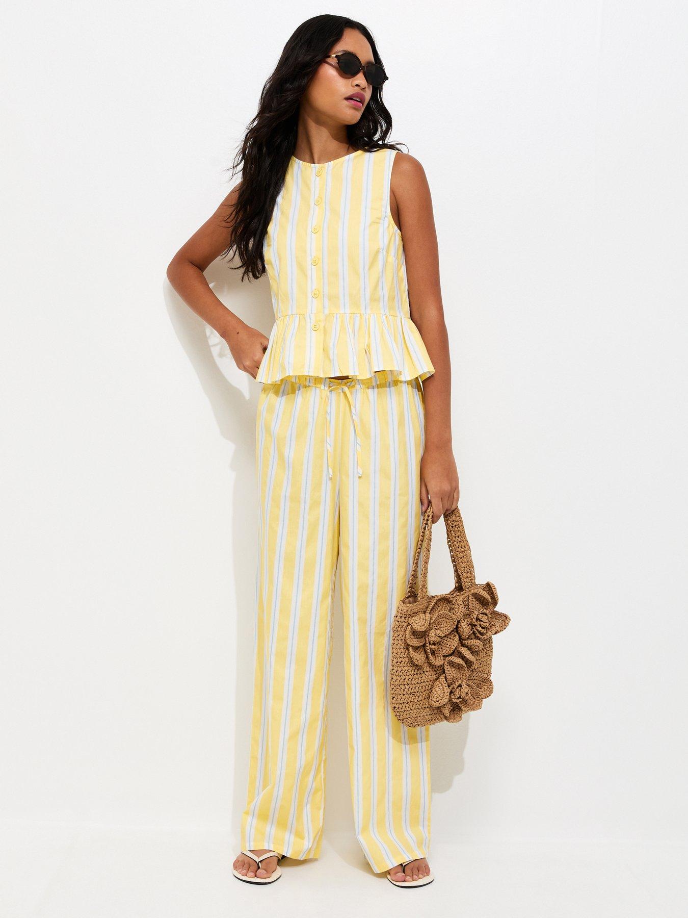 Image 3 of 5 of New Look Light Yellow Striped Peplum Hem Button Front Top
