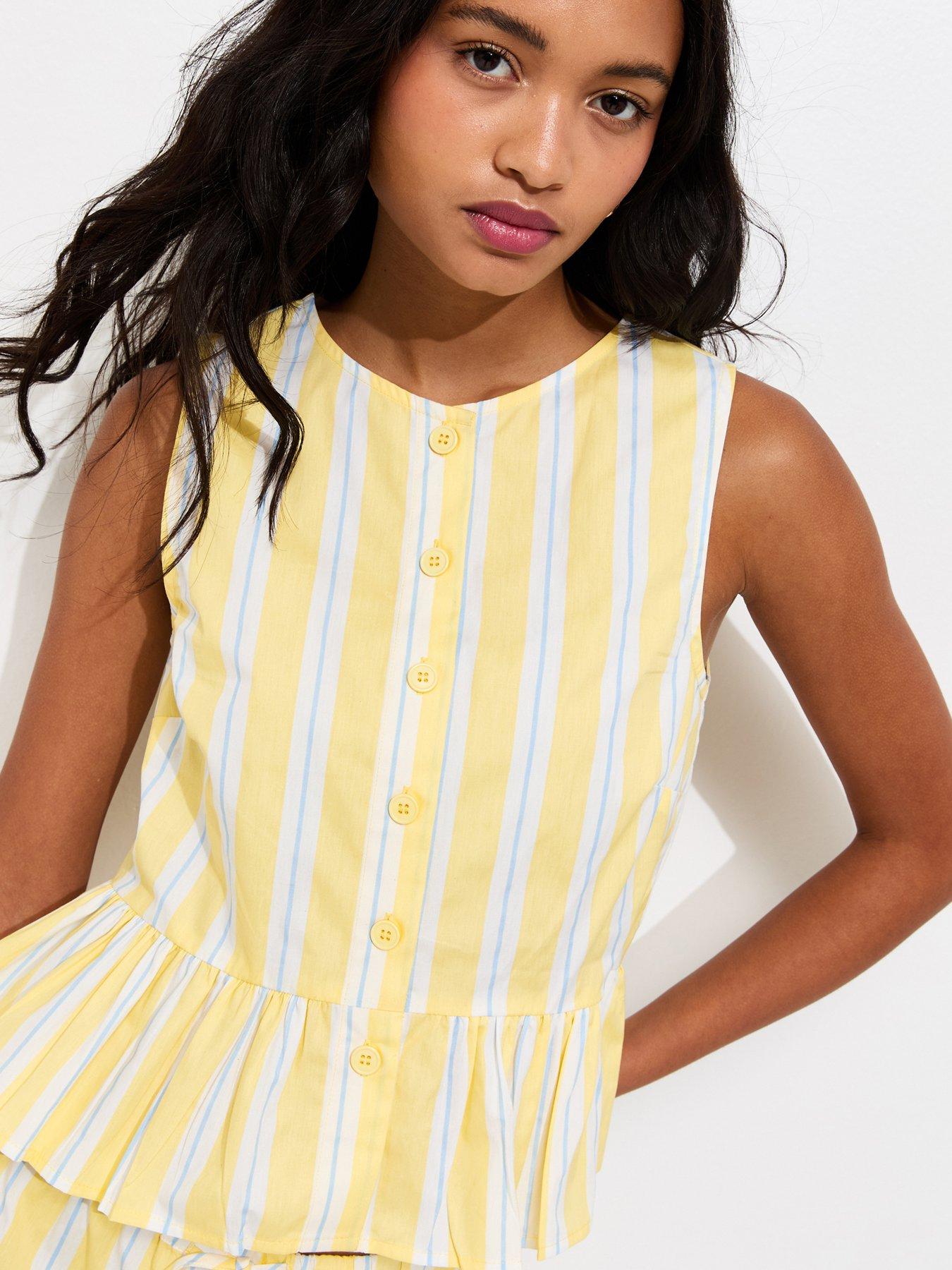Image 4 of 5 of New Look Light Yellow Striped Peplum Hem Button Front Top