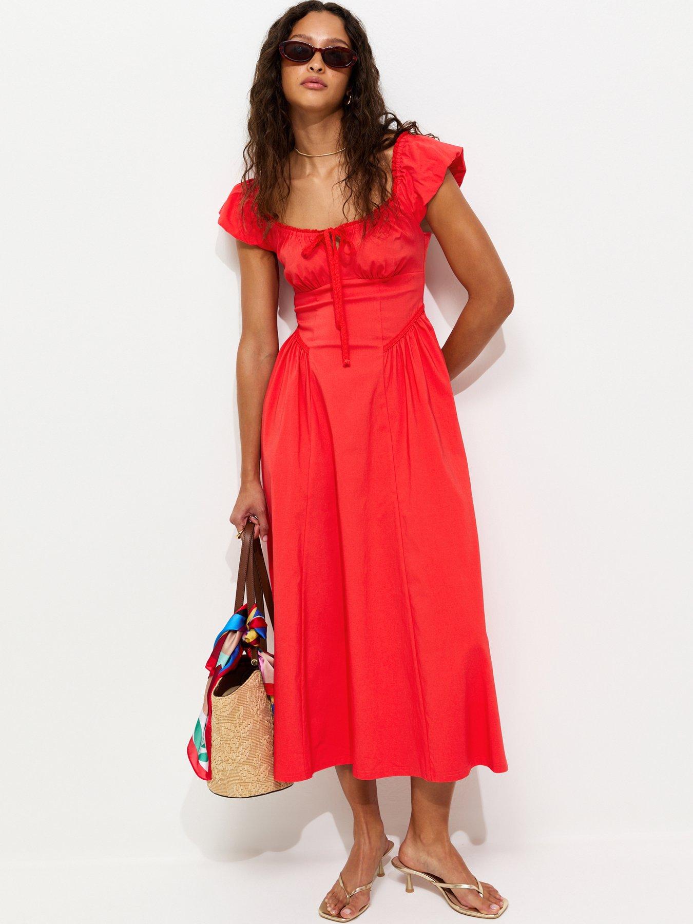 New Look Lace Trim Milkmaid Midi Dress - Dark Coral
