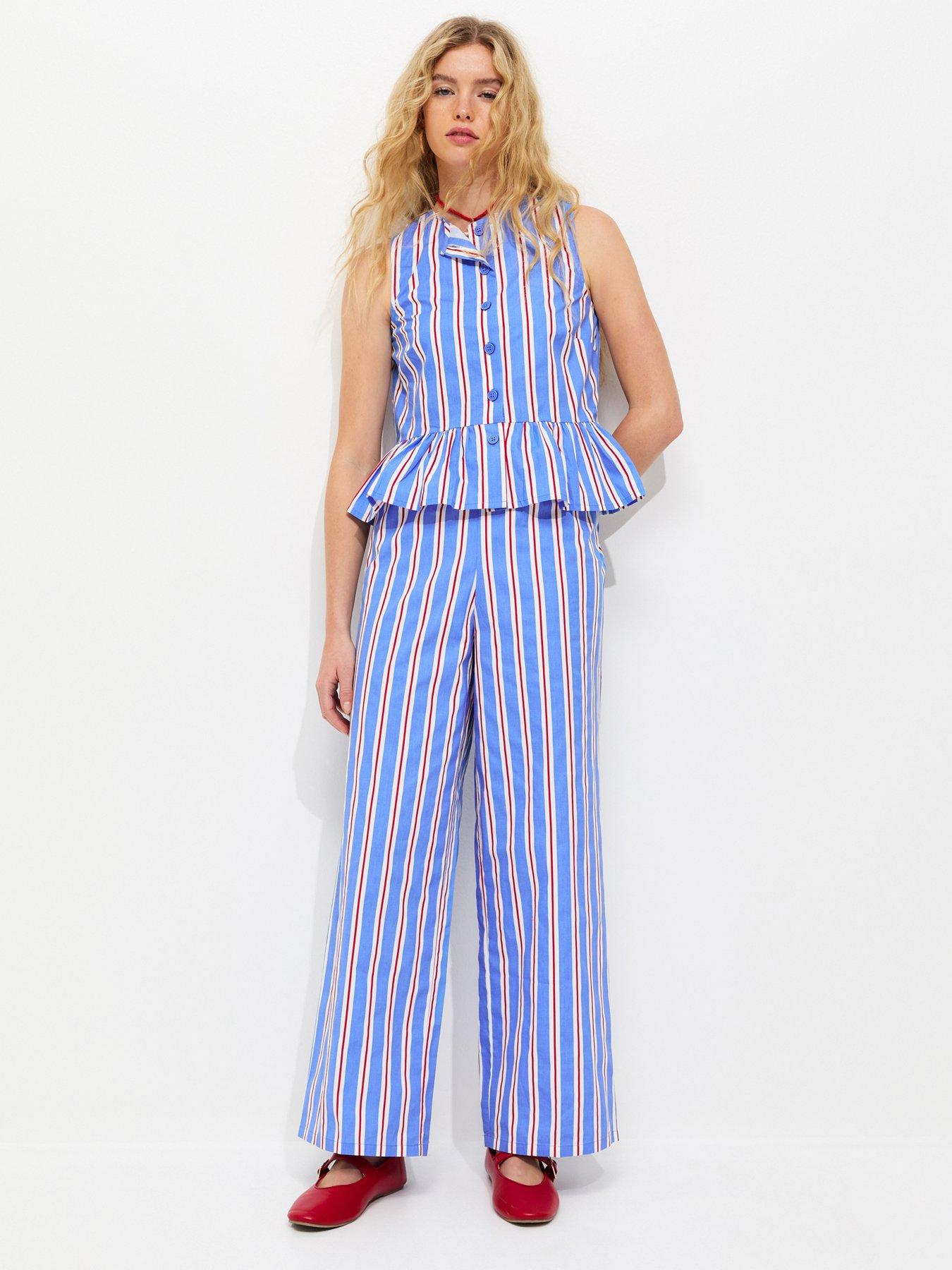 New Look Striped Poplin Wide Leg Trousers - Bright Blue