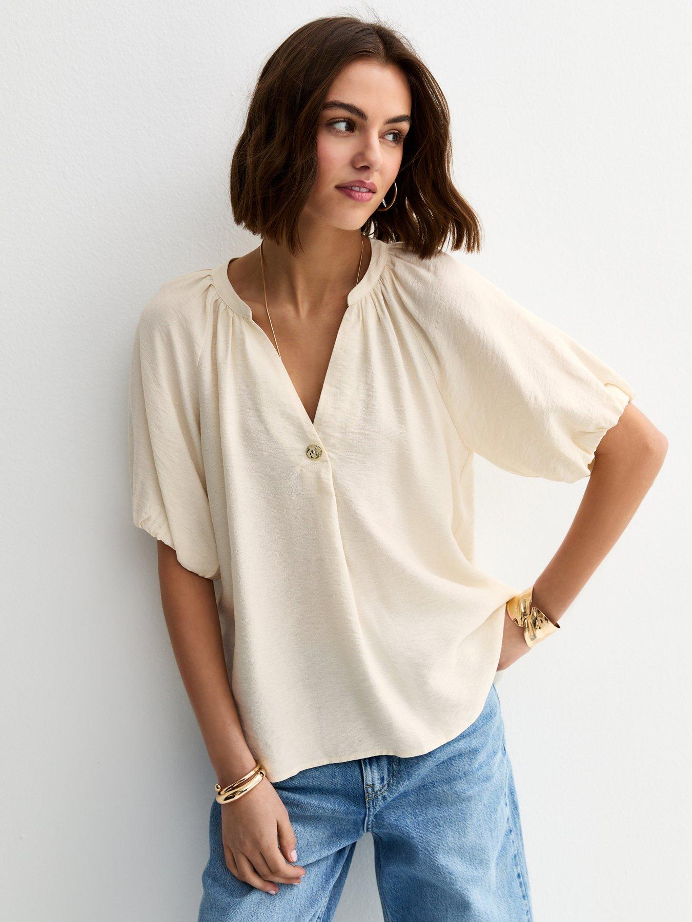 Image 1 of 5 of New Look Puff Sleeve V-Neck Blouse - Off White