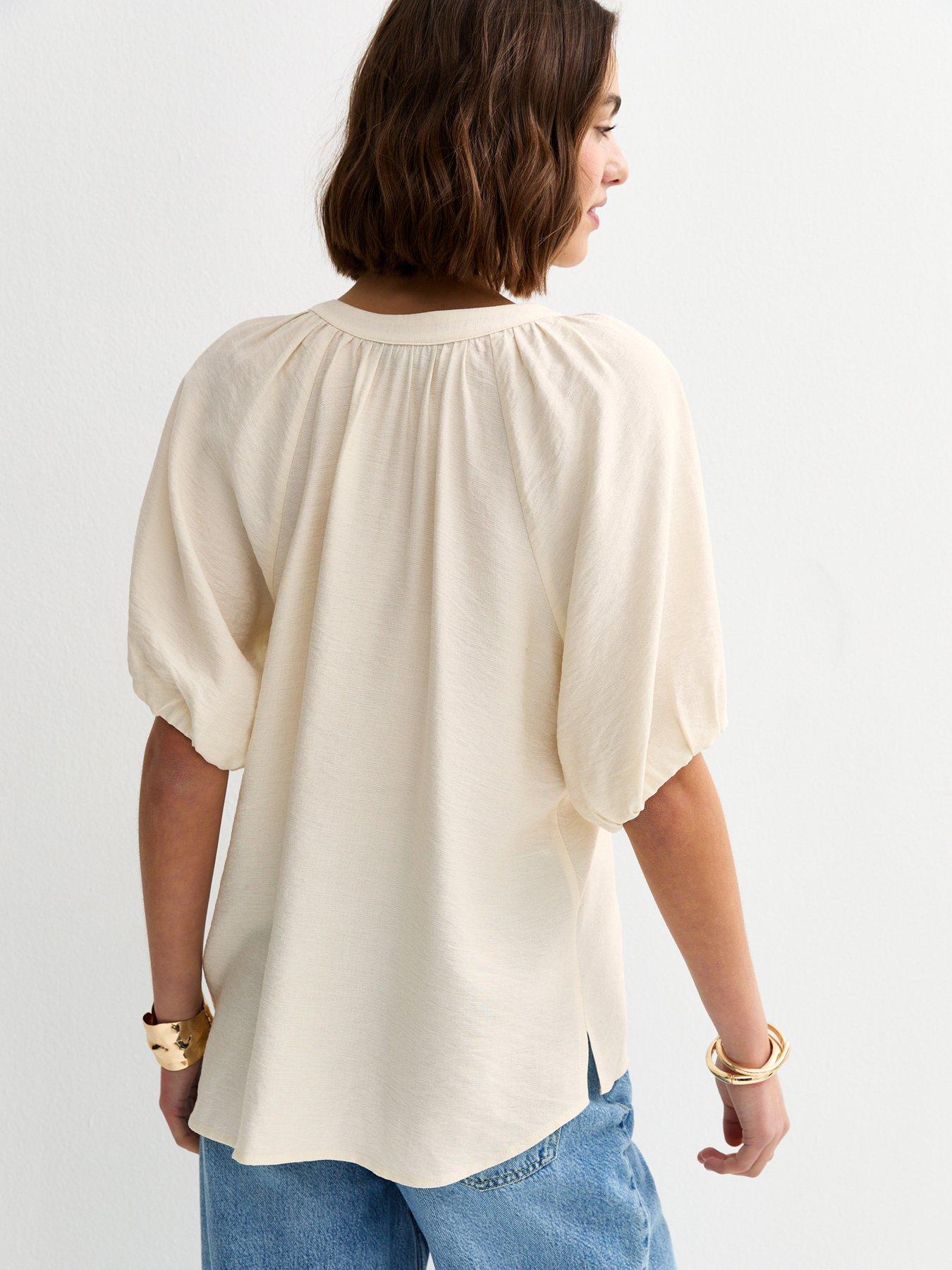 Image 2 of 5 of New Look Puff Sleeve V-Neck Blouse - Off White