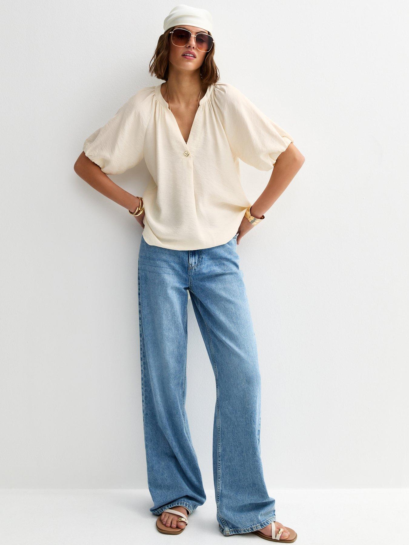 Image 3 of 5 of New Look Puff Sleeve V-Neck Blouse - Off White