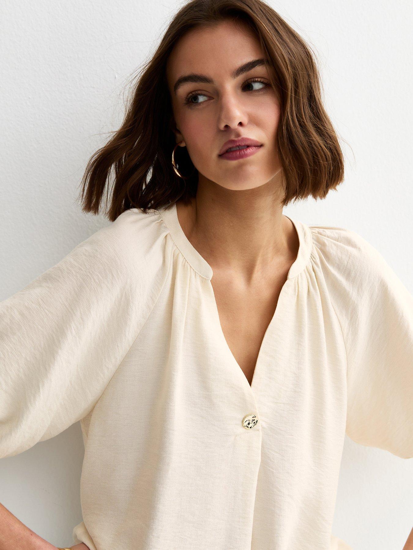 Image 4 of 5 of New Look Puff Sleeve V-Neck Blouse - Off White