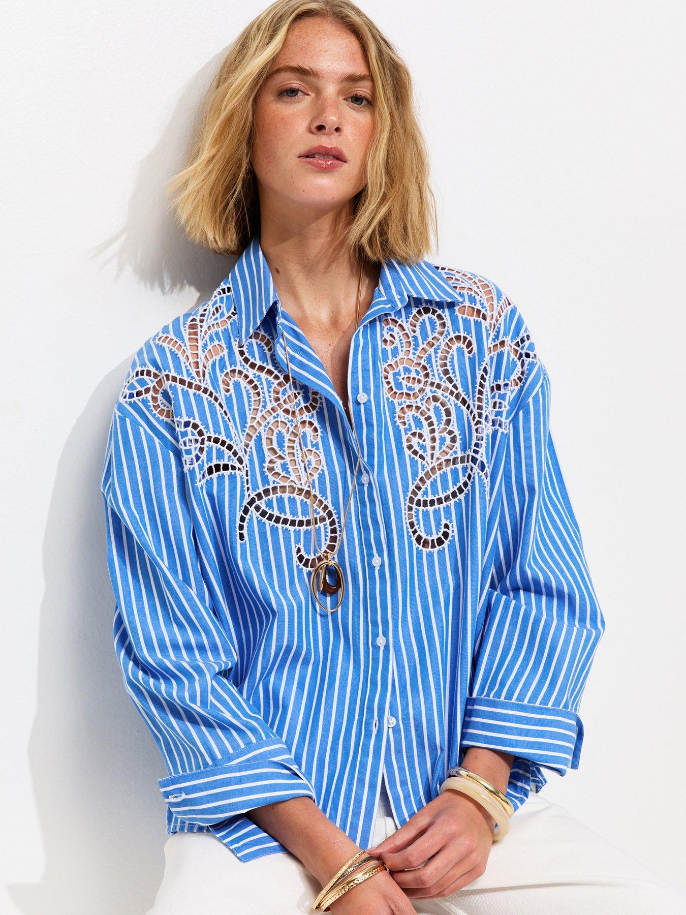 New Look Blue Lace Cutout Pinstripe Shirt