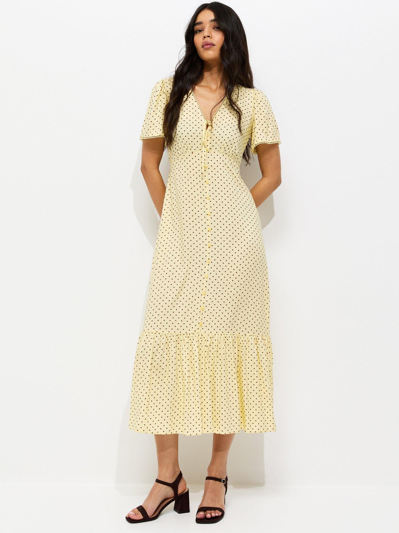 Image 1 of 5 of New Look Light Yellow Button Through Tea Midi Dress