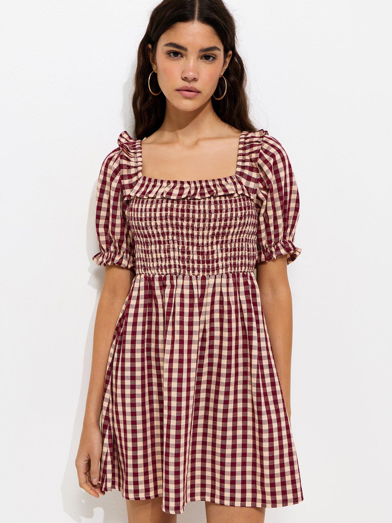 New Look Gingham Short Sleeve Shirred Frill Mini Dress - Dark Pink