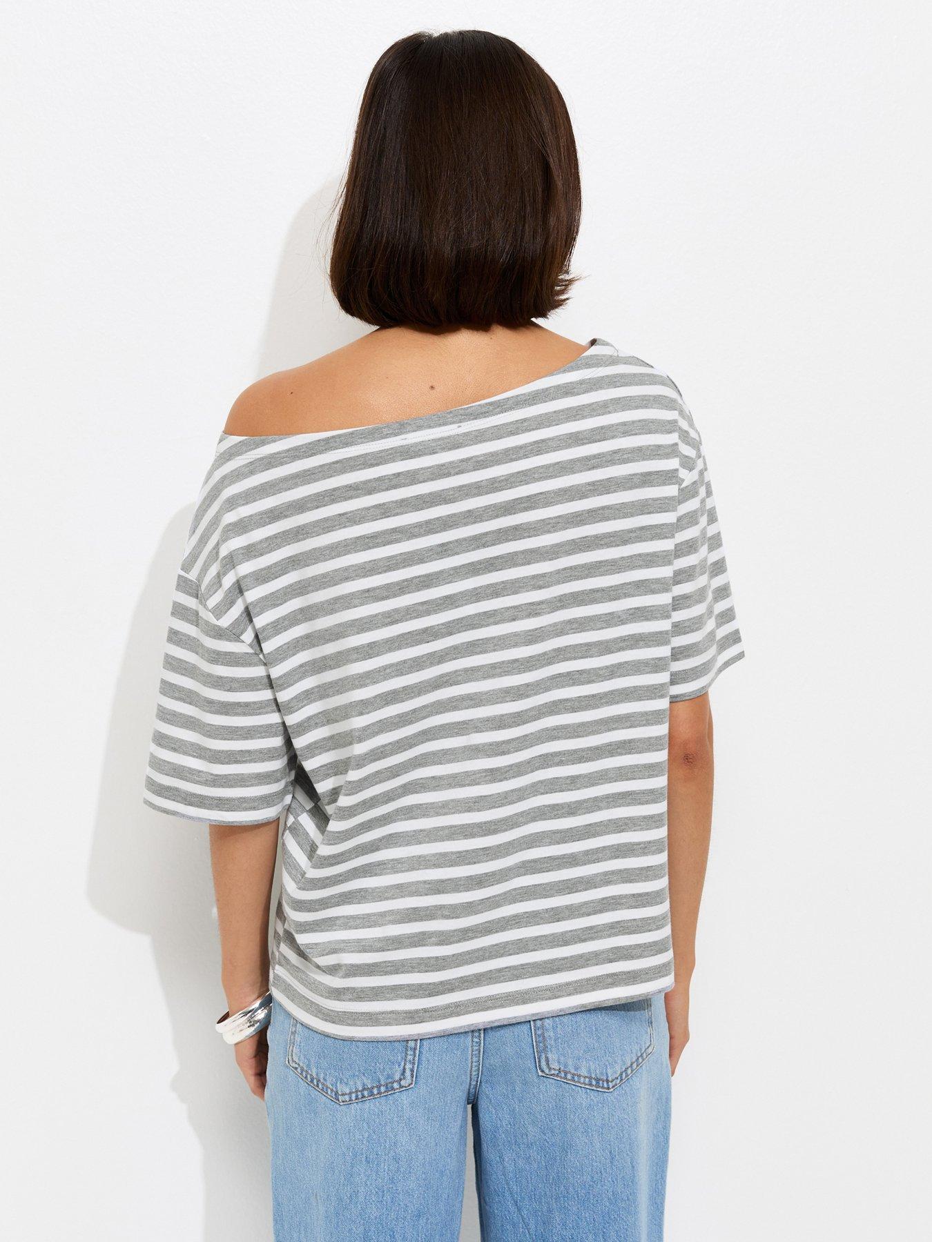 Image 2 of 5 of New Look Striped Jersey Off The Shoulder Top - Grey