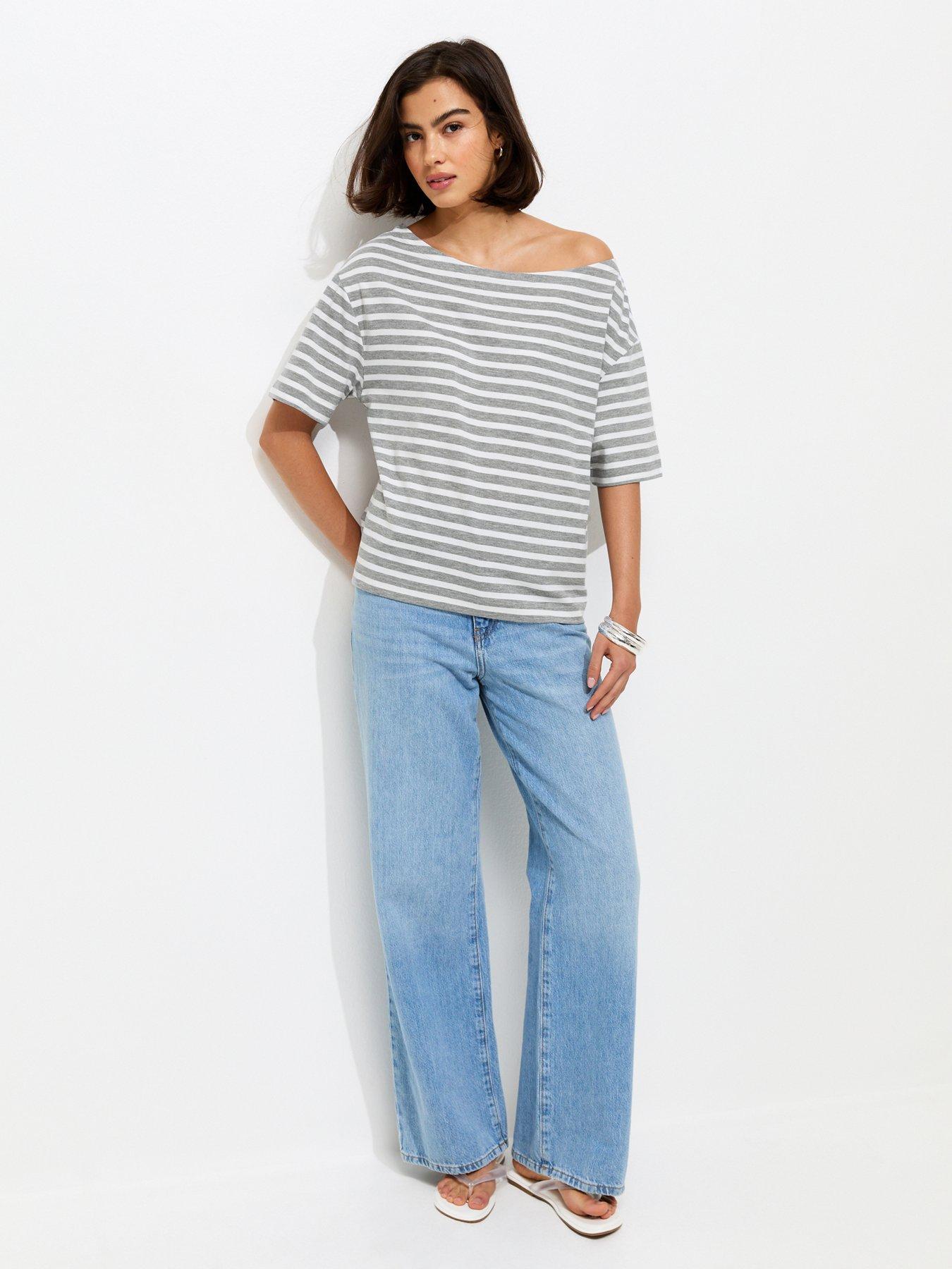 Image 3 of 5 of New Look Striped Jersey Off The Shoulder Top - Grey