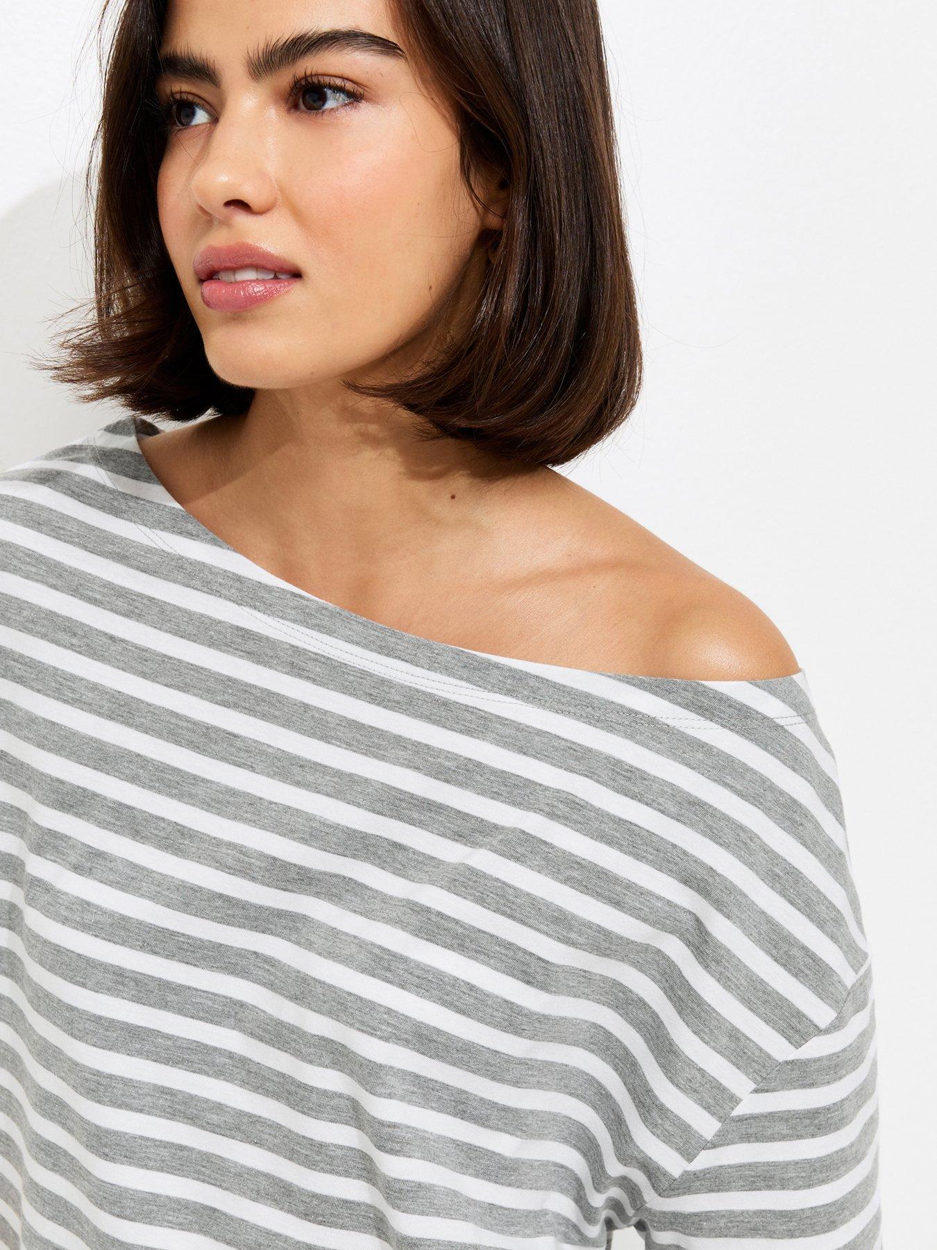 Image 4 of 5 of New Look Striped Jersey Off The Shoulder Top - Grey