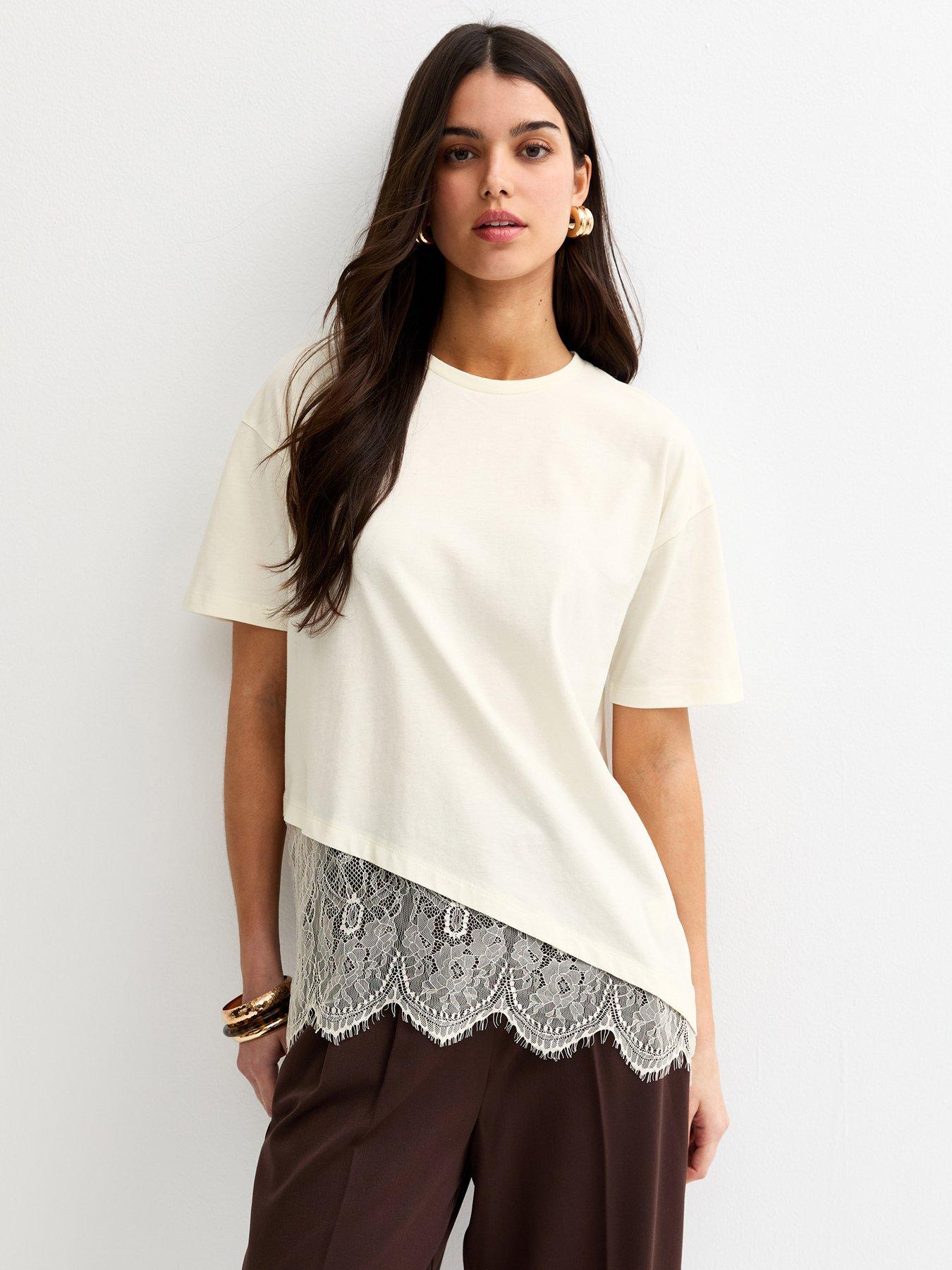Image 1 of 5 of New Look Cotton Scalloped Lace T-Shirt - Off White