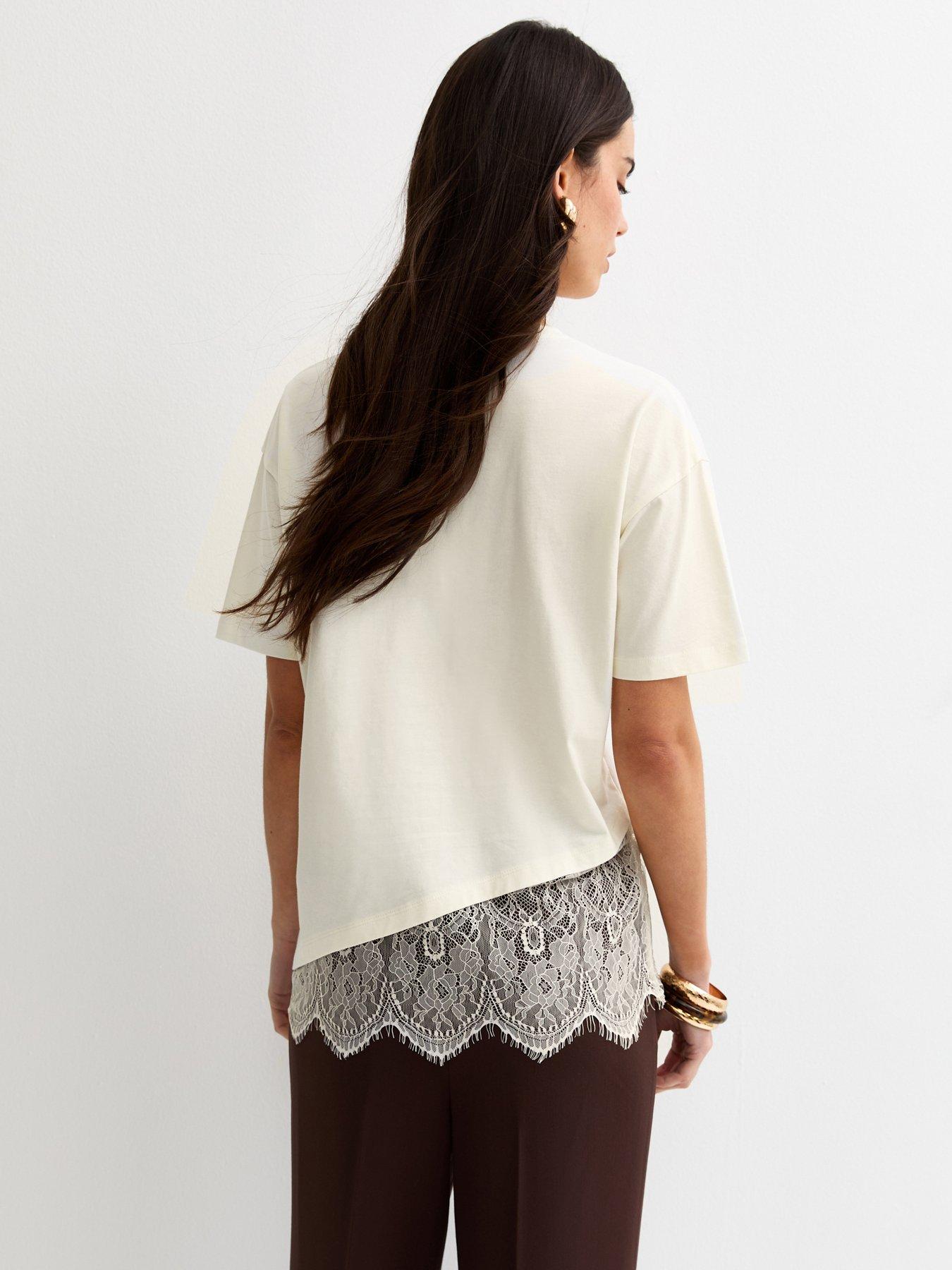 Image 2 of 5 of New Look Cotton Scalloped Lace T-Shirt - Off White