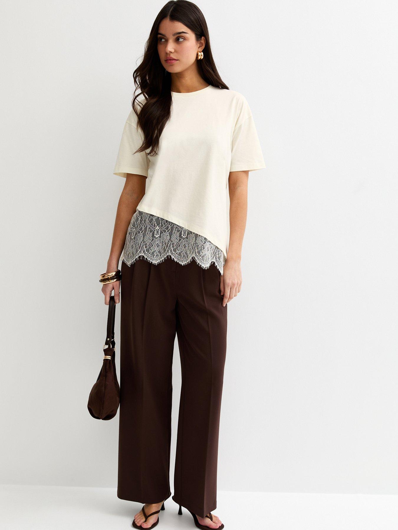 Image 3 of 5 of New Look Cotton Scalloped Lace T-Shirt - Off White