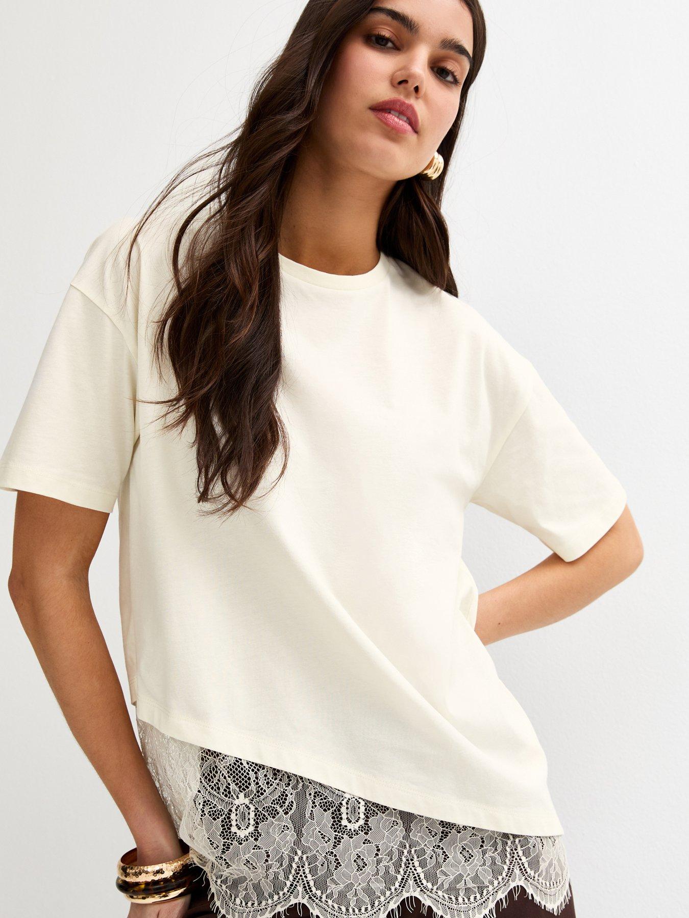 Image 4 of 5 of New Look Cotton Scalloped Lace T-Shirt - Off White