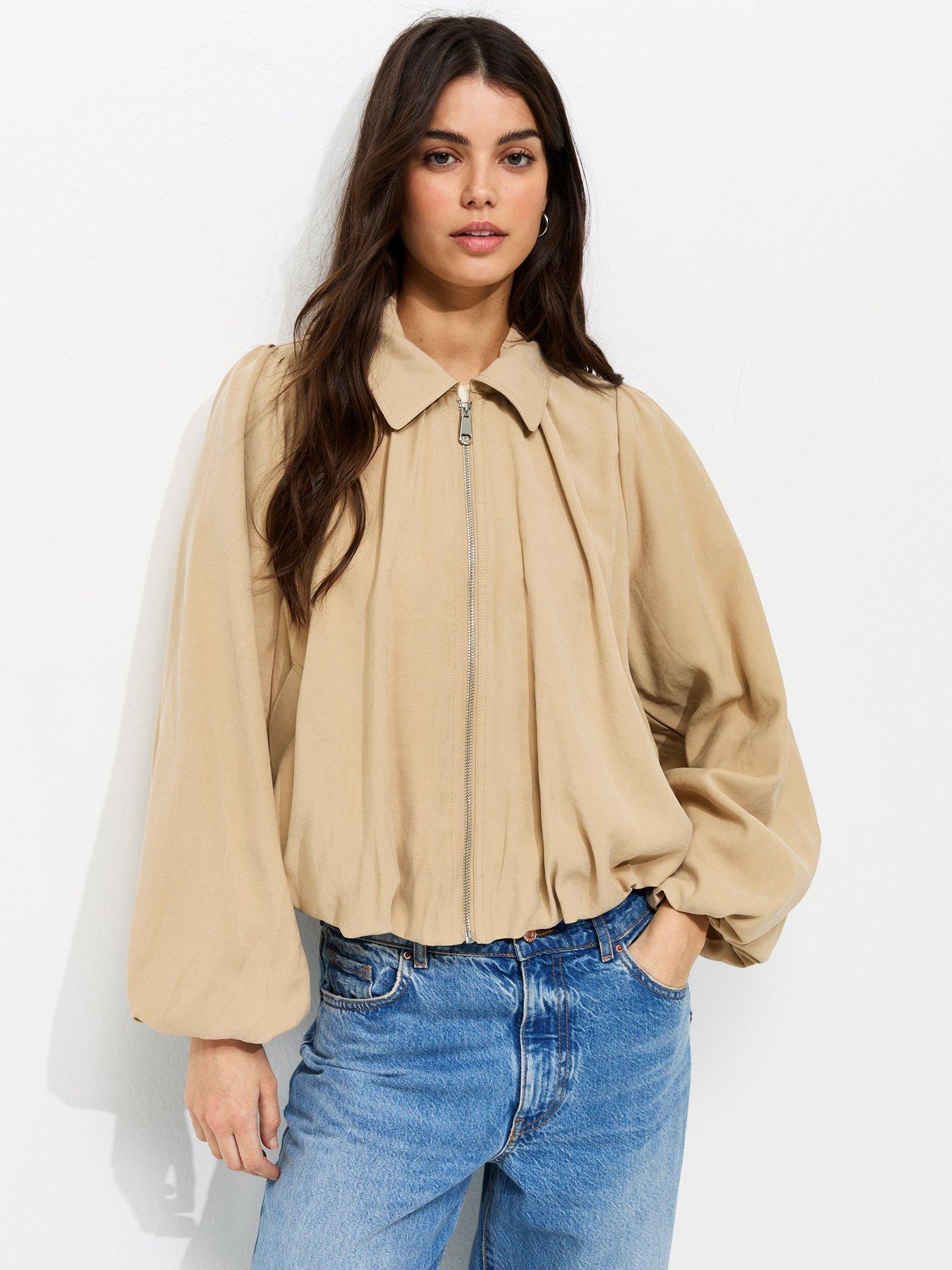 Image 1 of 6 of New Look Camel Gathered Sleeve Zip Front Jacket