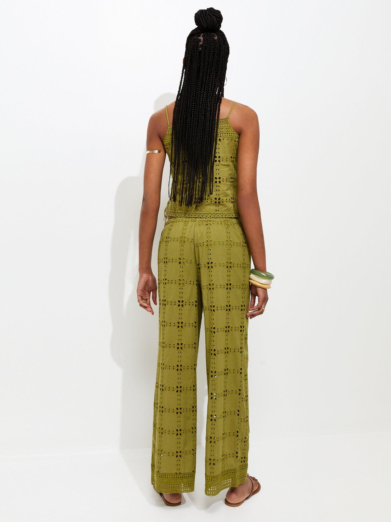 Image 2 of 6 of New Look Cutwork Wide Leg Trousers - Green