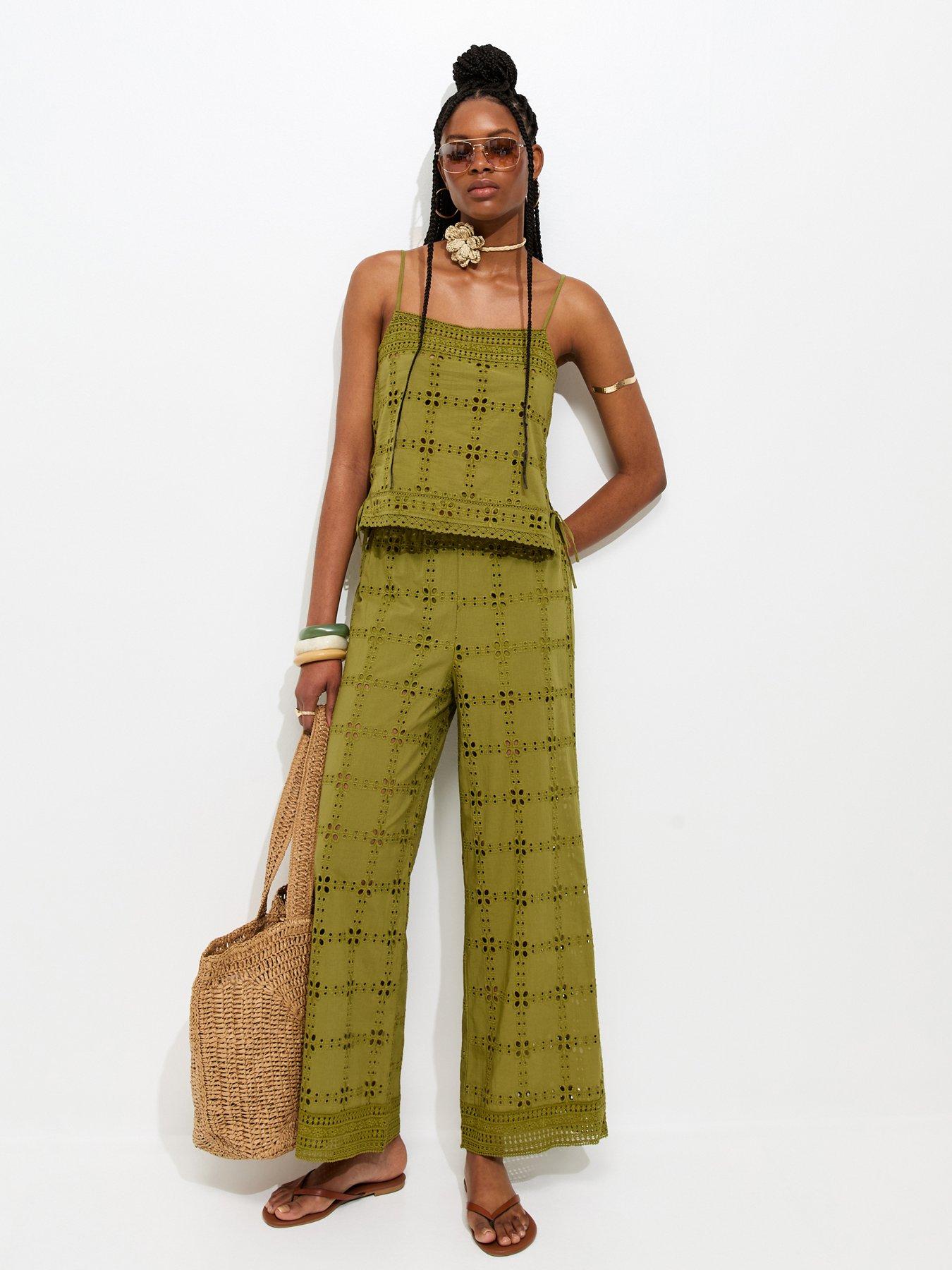 Image 3 of 6 of New Look Cutwork Wide Leg Trousers - Green