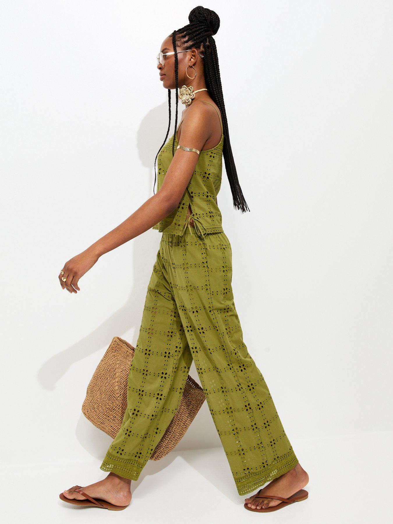 Image 4 of 6 of New Look Cutwork Wide Leg Trousers - Green