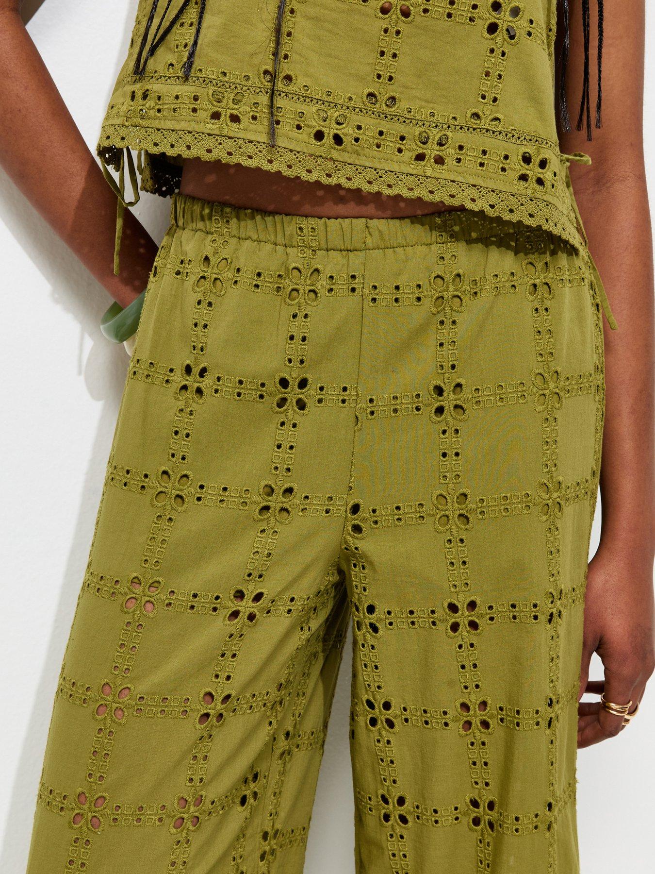 Image 5 of 6 of New Look Cutwork Wide Leg Trousers - Green