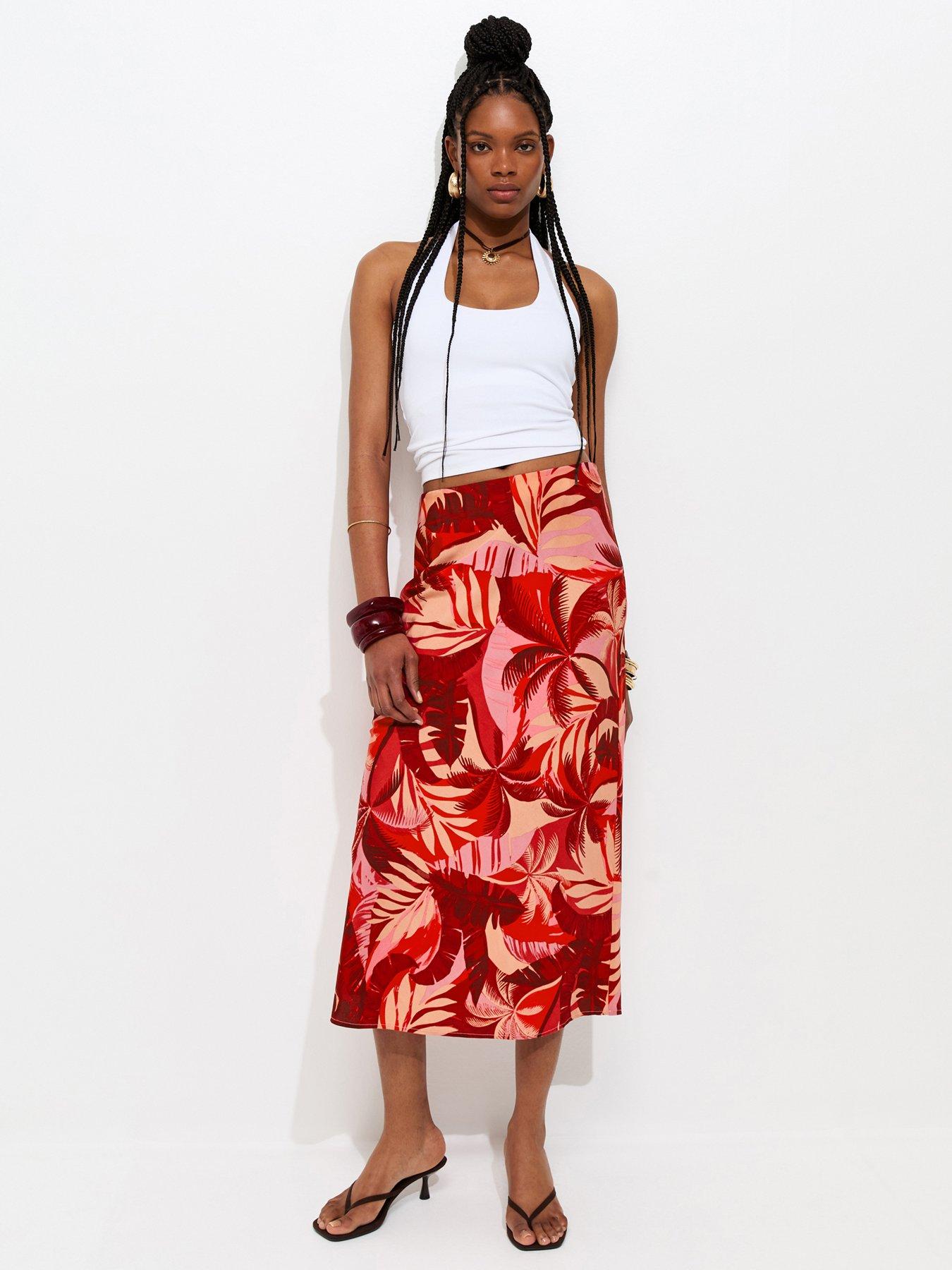 New Look Red Crepe Tropical Print Bias Cut Midi Skirt