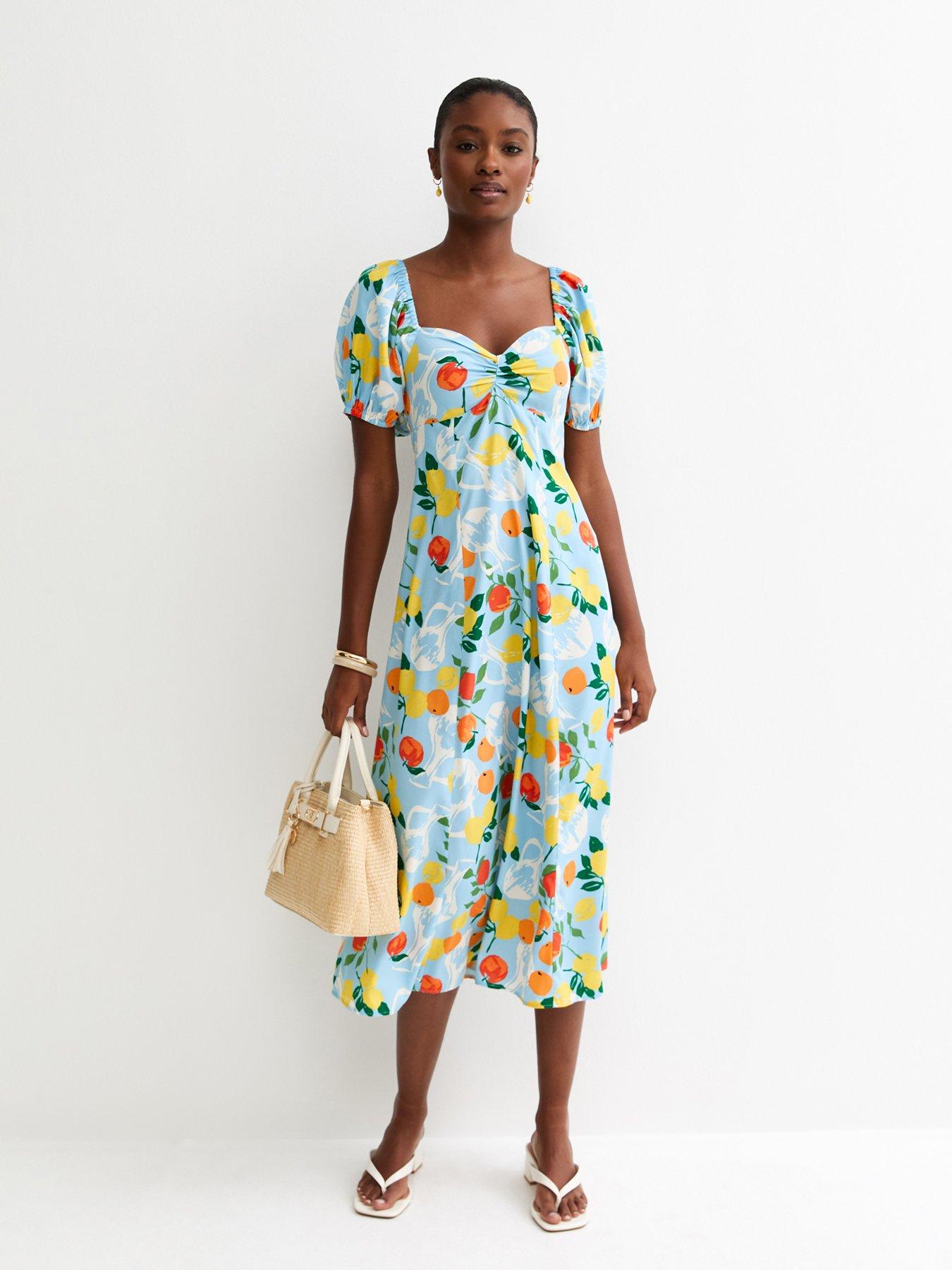Image 1 of 4 of New Look Crepe Fruit Print Midi Dress - Light Blue
