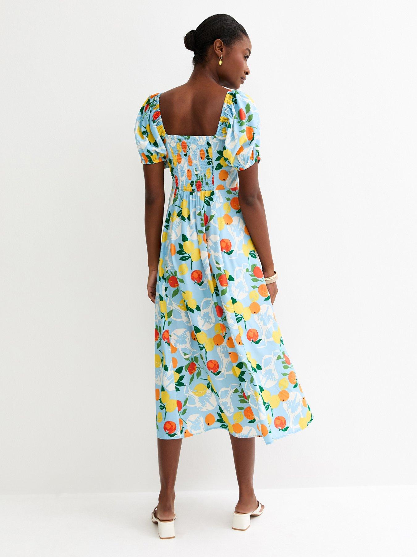 Image 2 of 4 of New Look Crepe Fruit Print Midi Dress - Light Blue