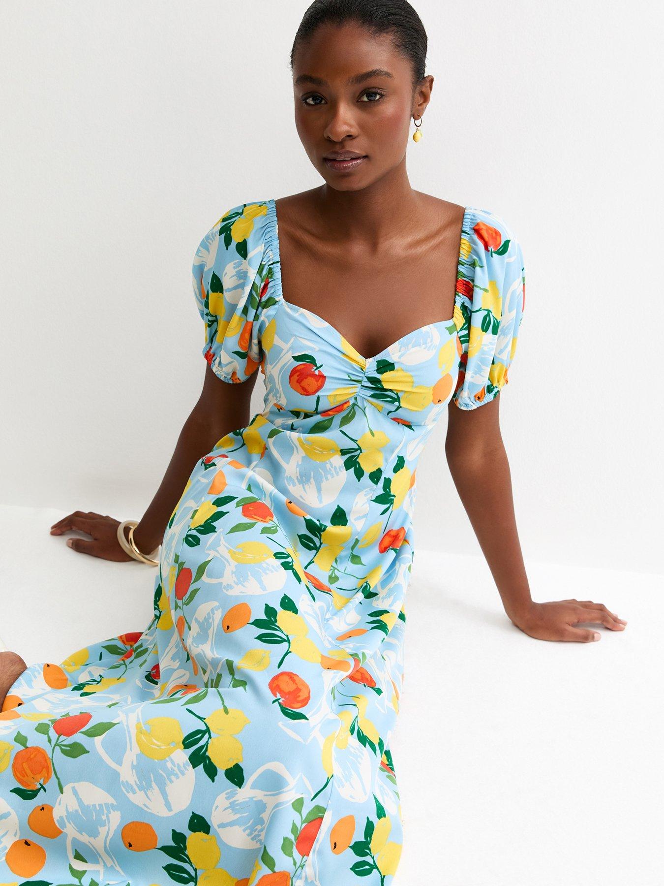 Image 3 of 4 of New Look Crepe Fruit Print Midi Dress - Light Blue
